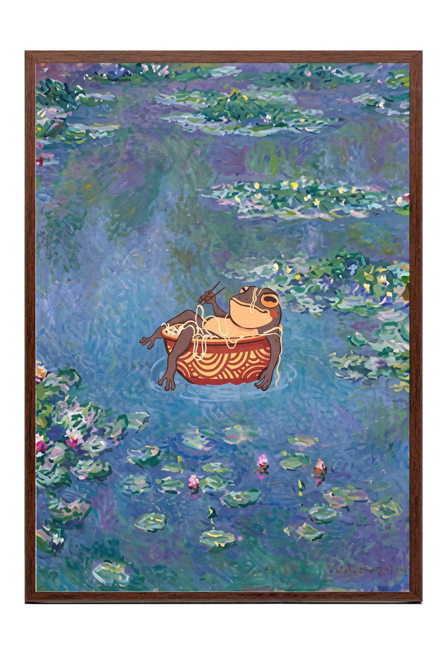 Kurbağalı Gölet Sahnesi Poster – Kahverengi Çerçeveli Tablo