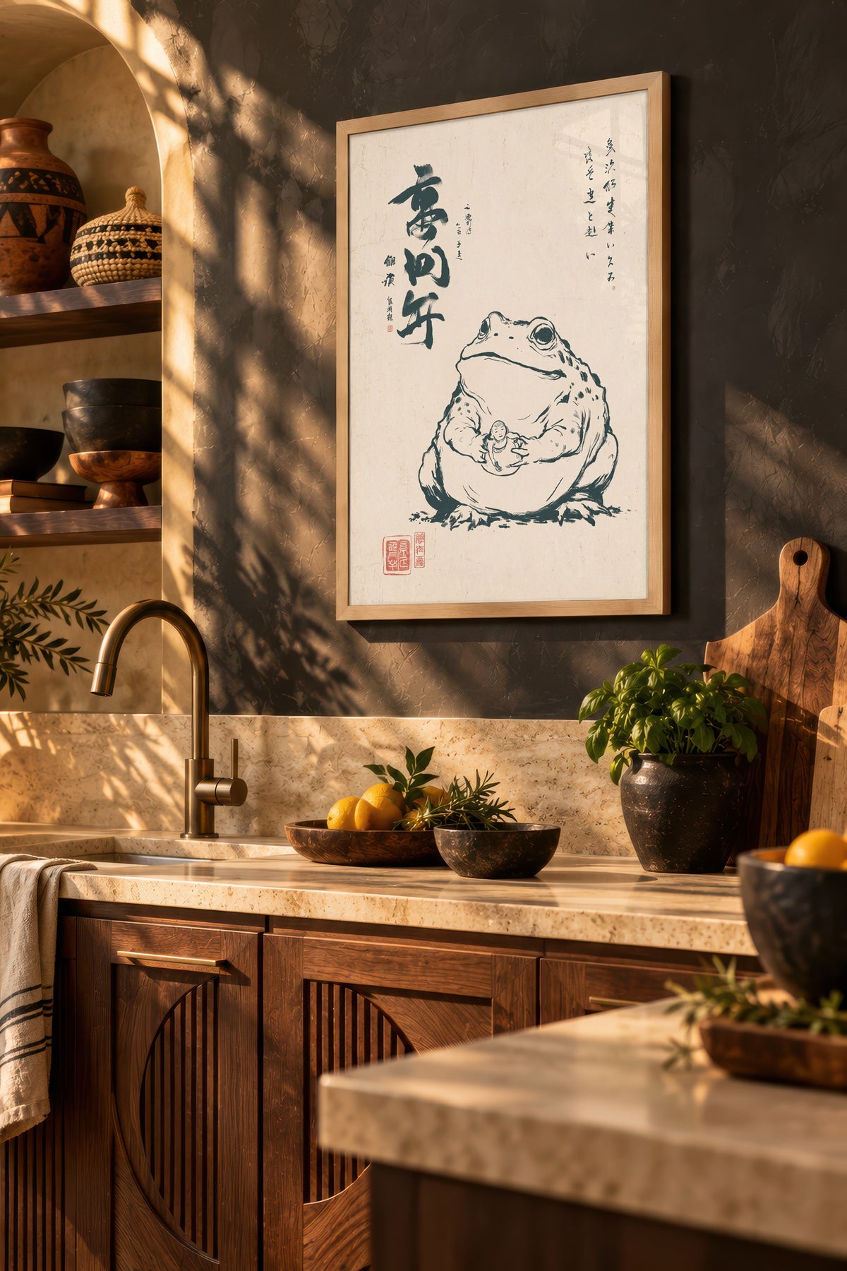 Kurbağa ve Bebek Sumi-e Poster – Ahşap Çerçeveli Tablo