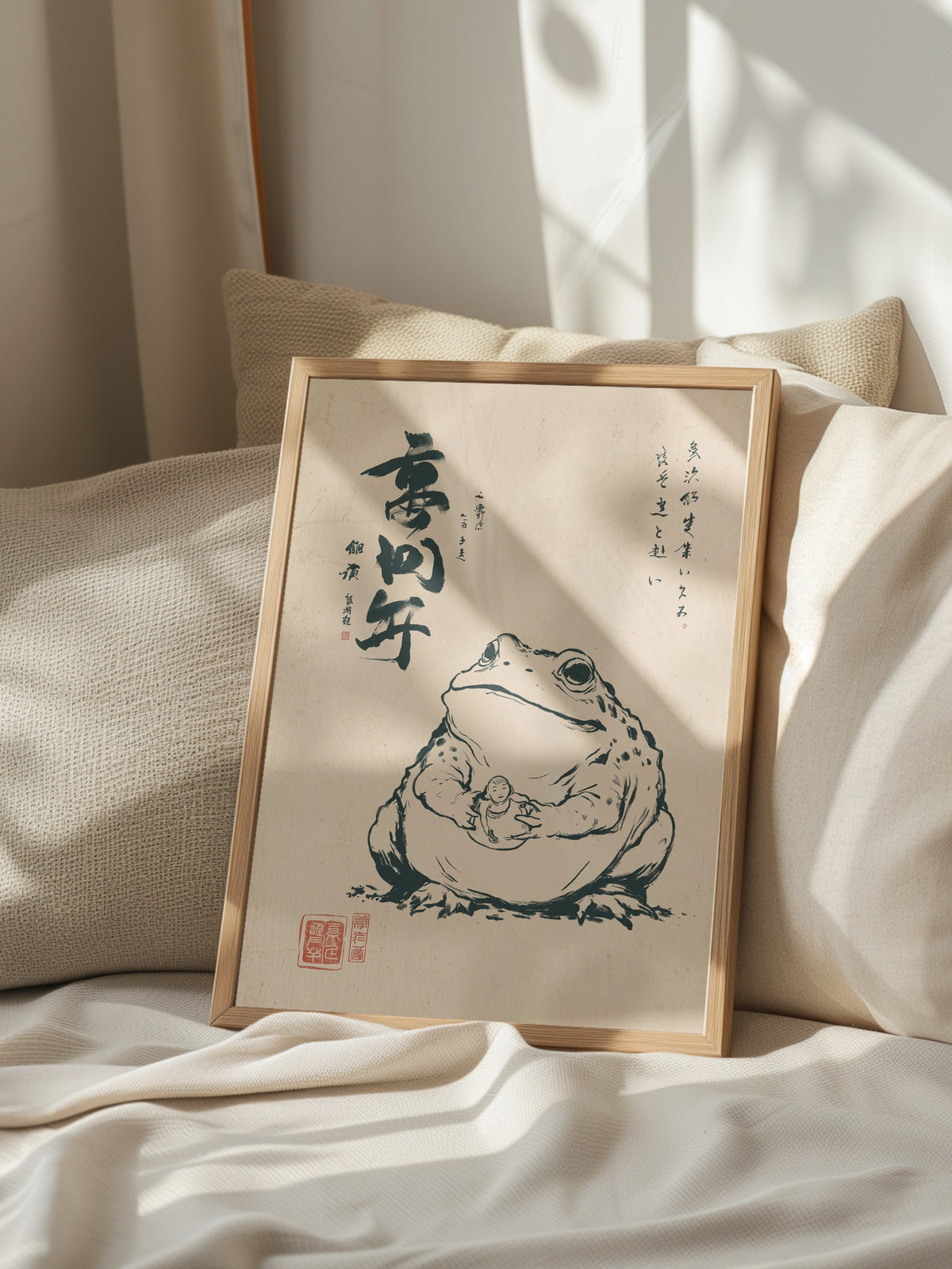 Kurbağa ve Bebek Sumi-e Poster – Ahşap Çerçeveli Tablo
