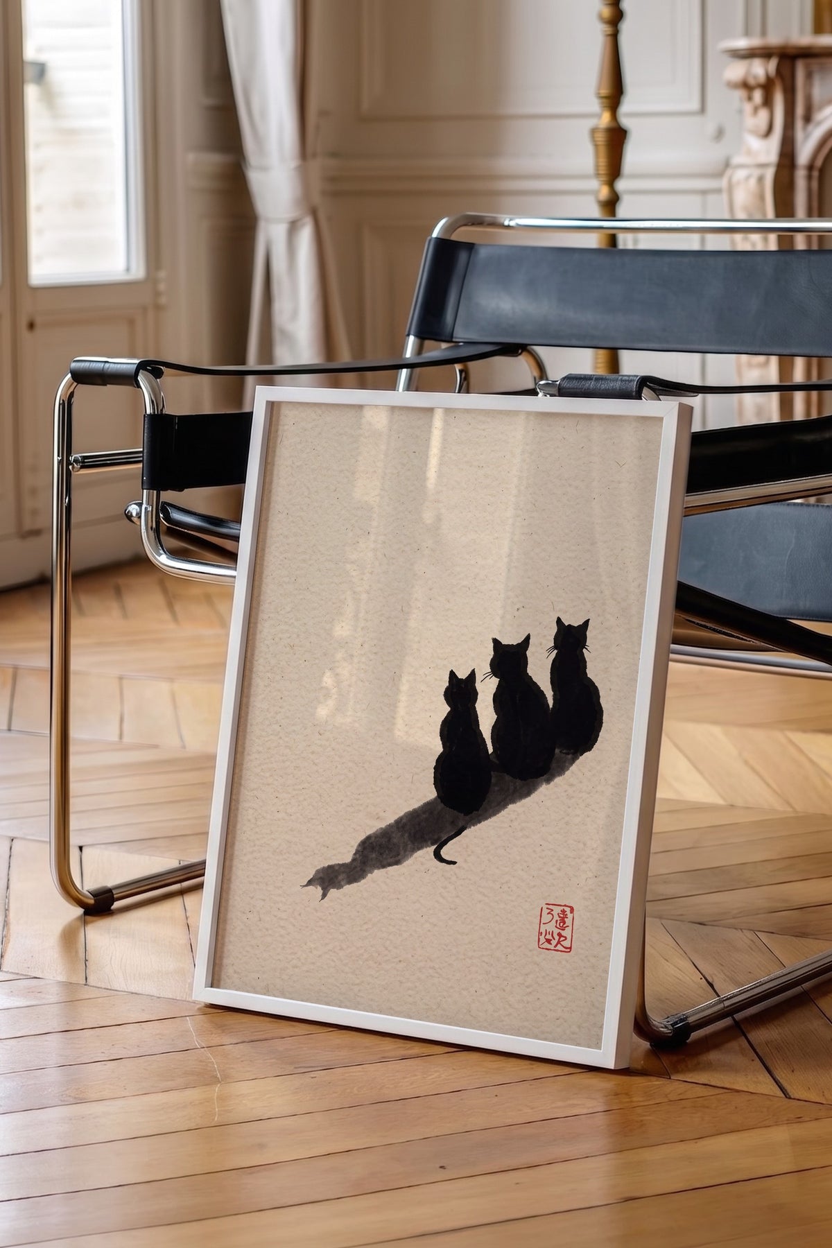 Üç Kedi ve Gölgeleri Poster – Beyaz Çerçeveli Tablo
