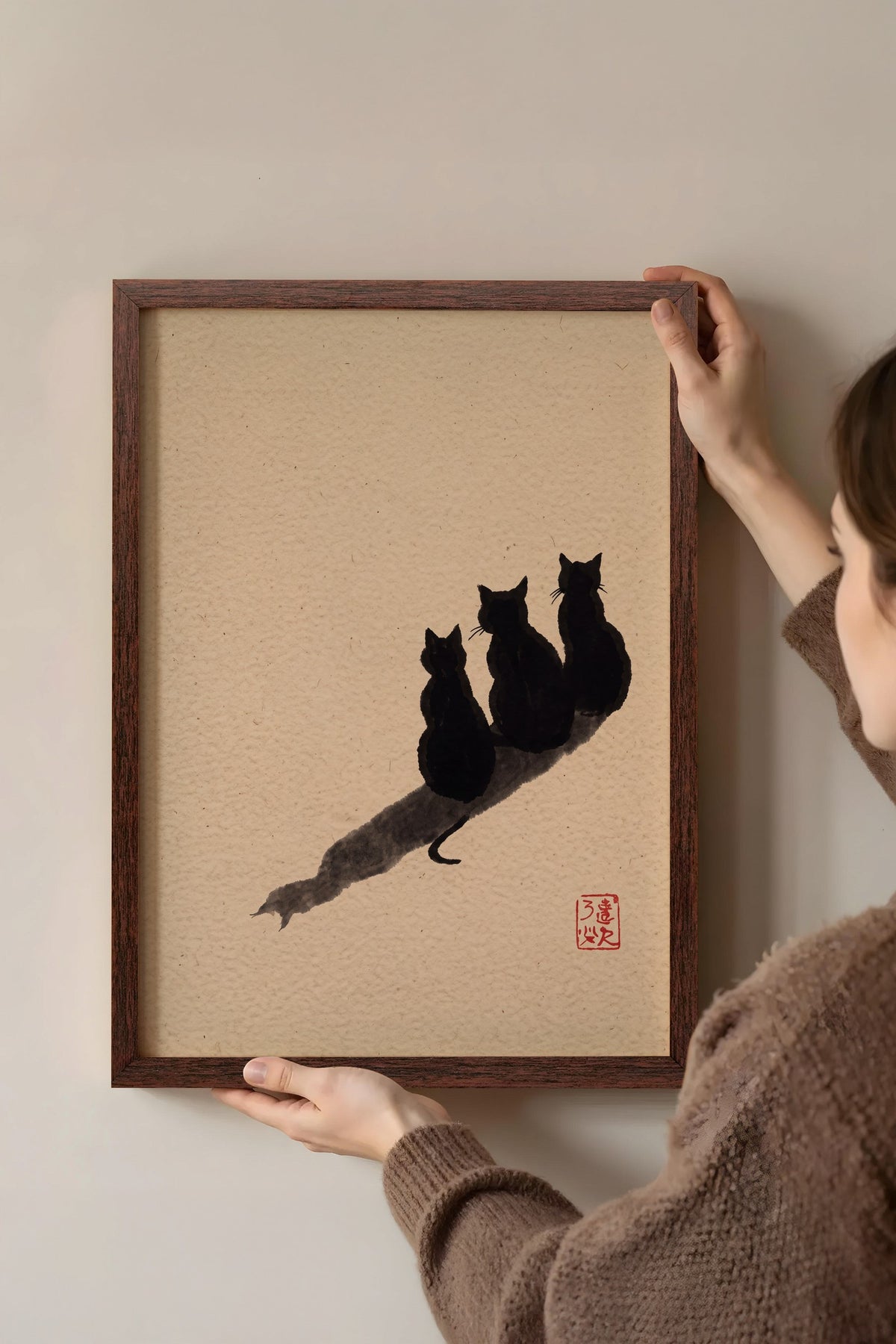 Üç Kedi ve Gölgeleri Poster – Kahverengi Çerçeveli Tablo