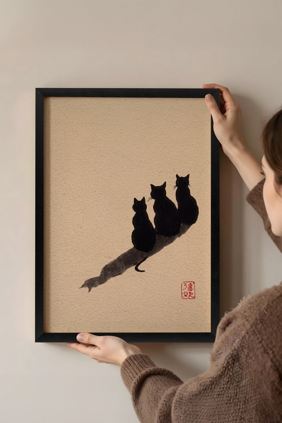 Üç Kedi ve Gölgeleri Poster – Siyah Çerçeveli Tablo