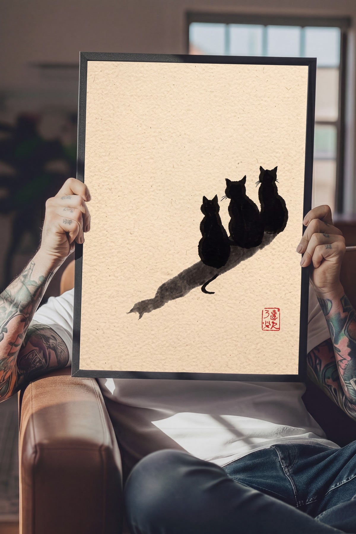 Üç Kedi ve Gölgeleri Poster – Siyah Çerçeveli Tablo