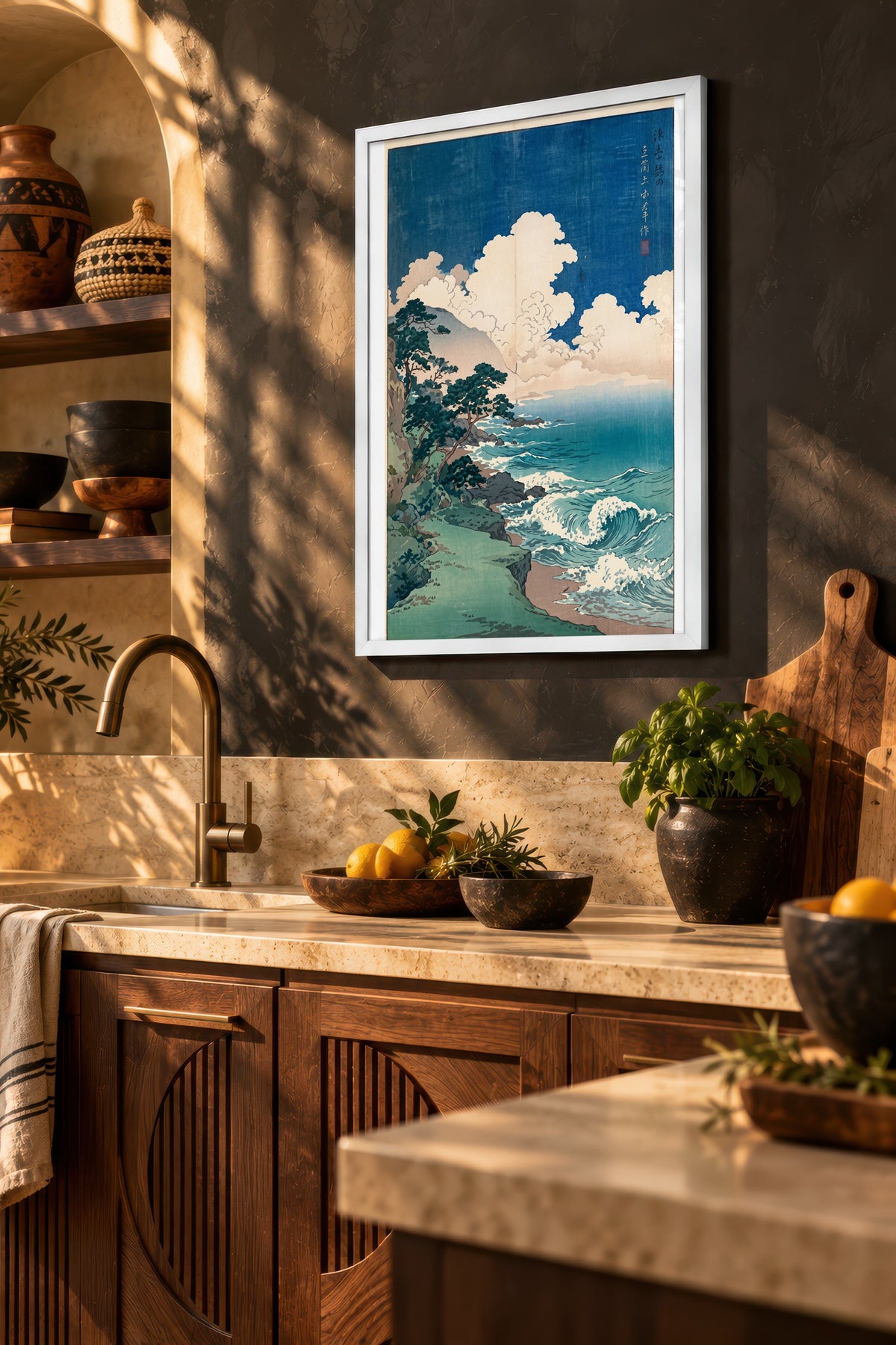 Fırtınalı Deniz Kıyısında Çam Ağaçları Poster – Beyaz Çerçeveli Tablo