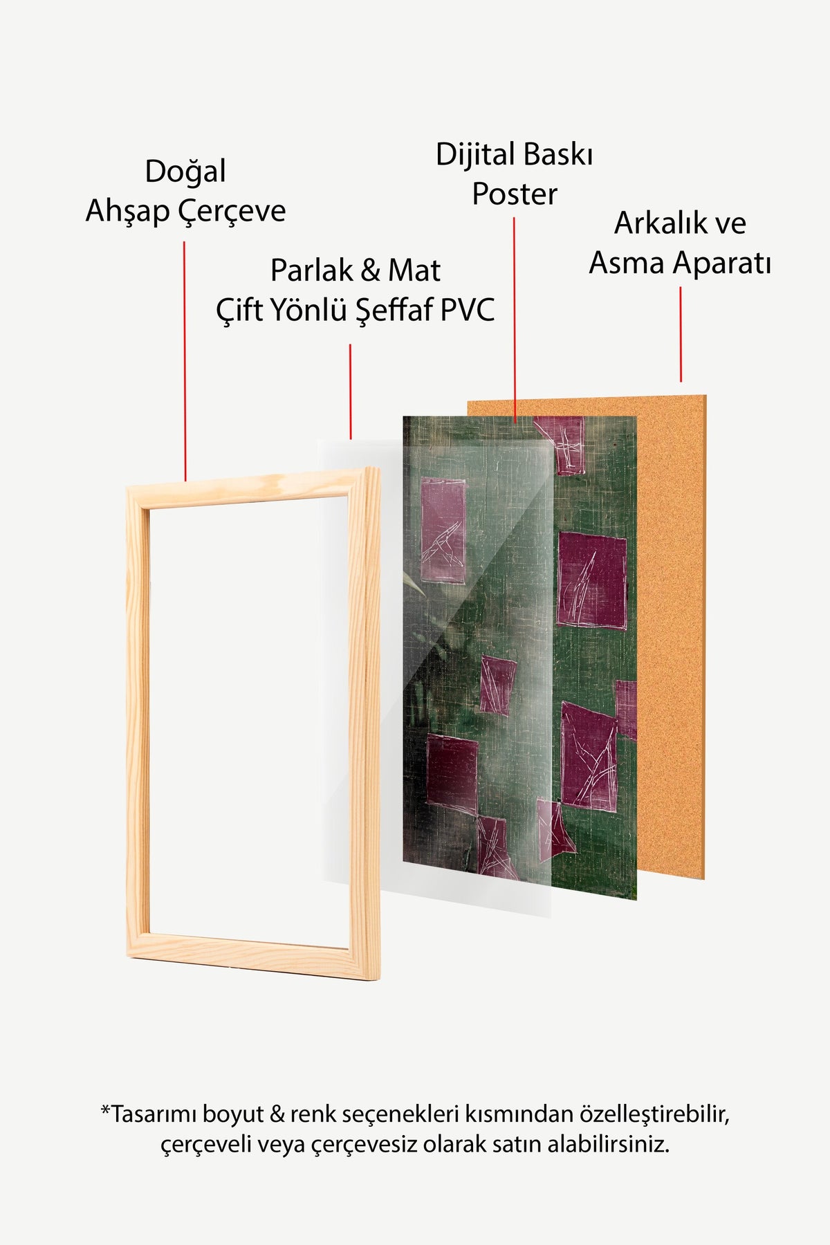 Bordo Kareler ve Dokulu Yeşil Yüzey Poster – Ahşap Çerçeveli Tablo