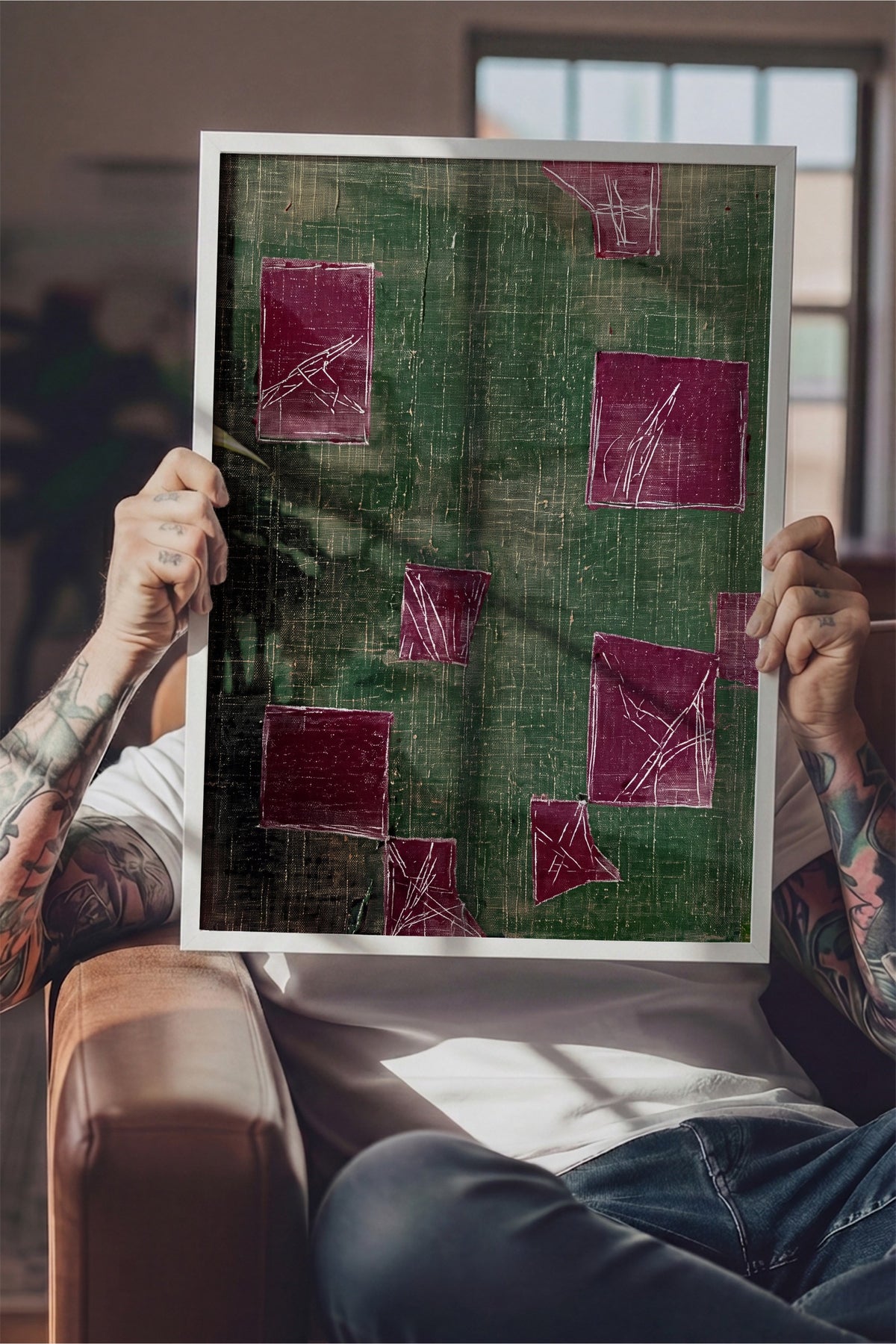 Bordo Kareler ve Dokulu Yeşil Yüzey Poster – Beyaz Çerçeveli Tablo