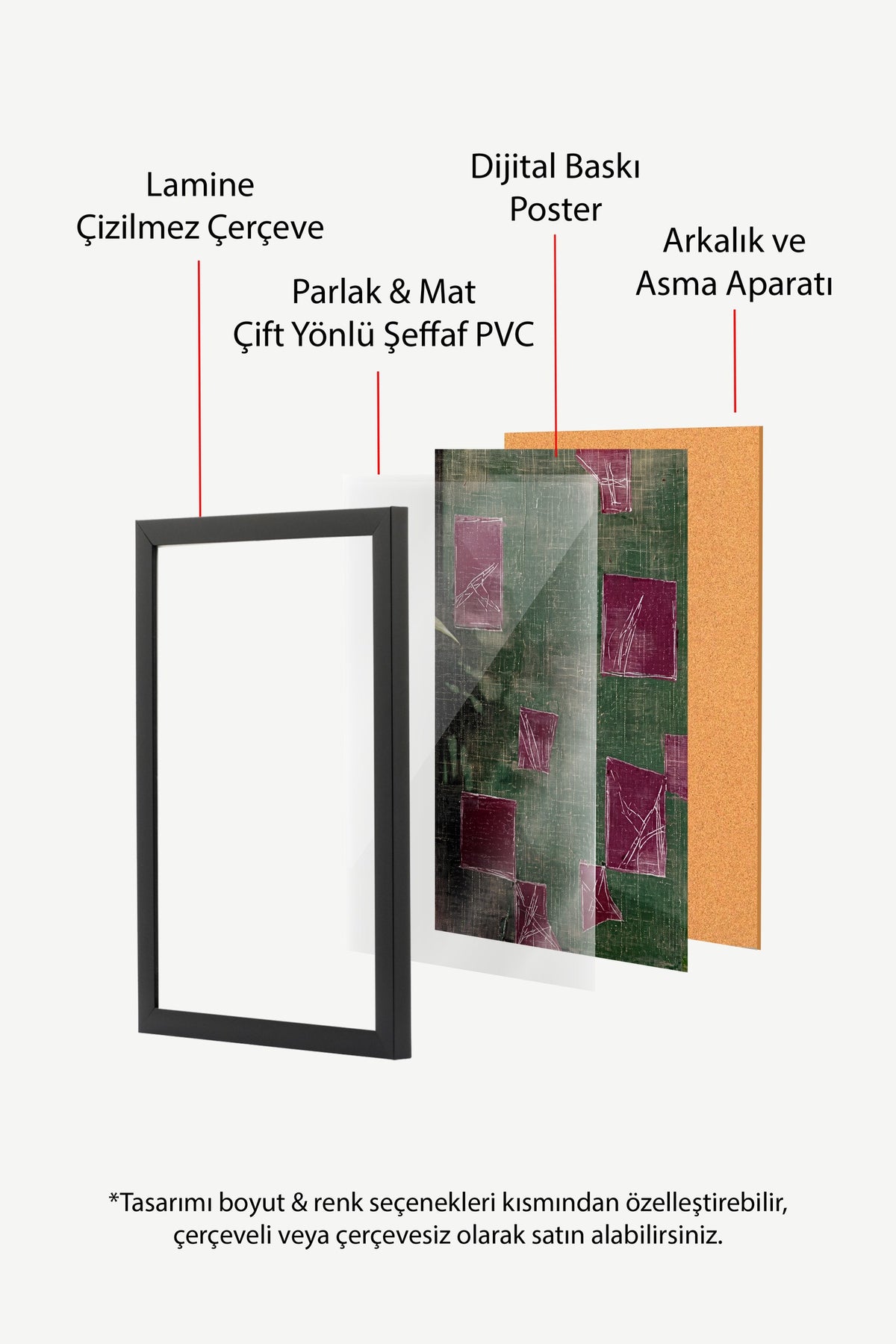 Bordo Kareler ve Dokulu Yeşil Yüzey Poster – Siyah Çerçeveli Tablo
