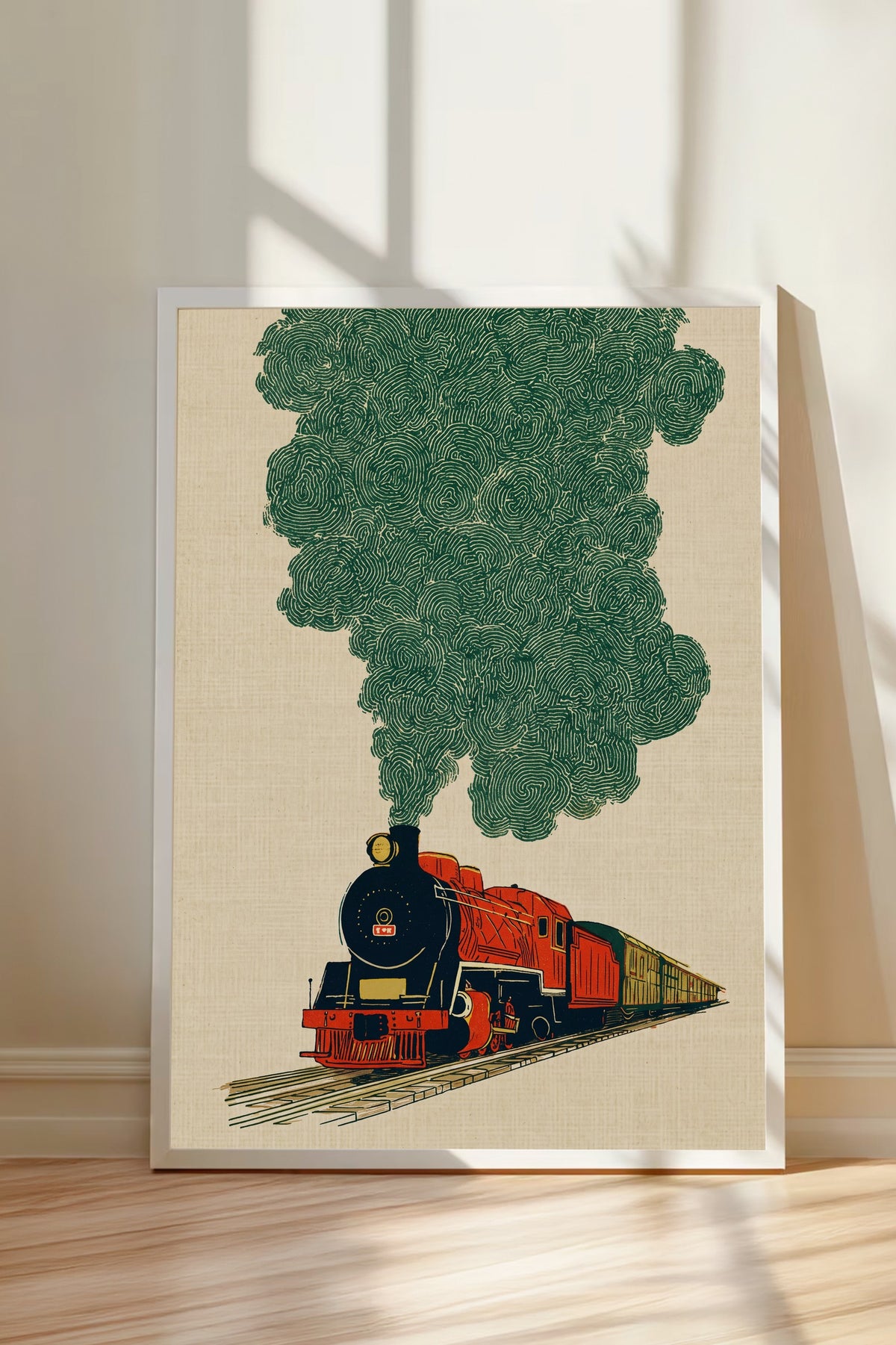 Buharlı Lokomotif ve Yeşil Duman Poster – Beyaz Çerçeveli Tablo