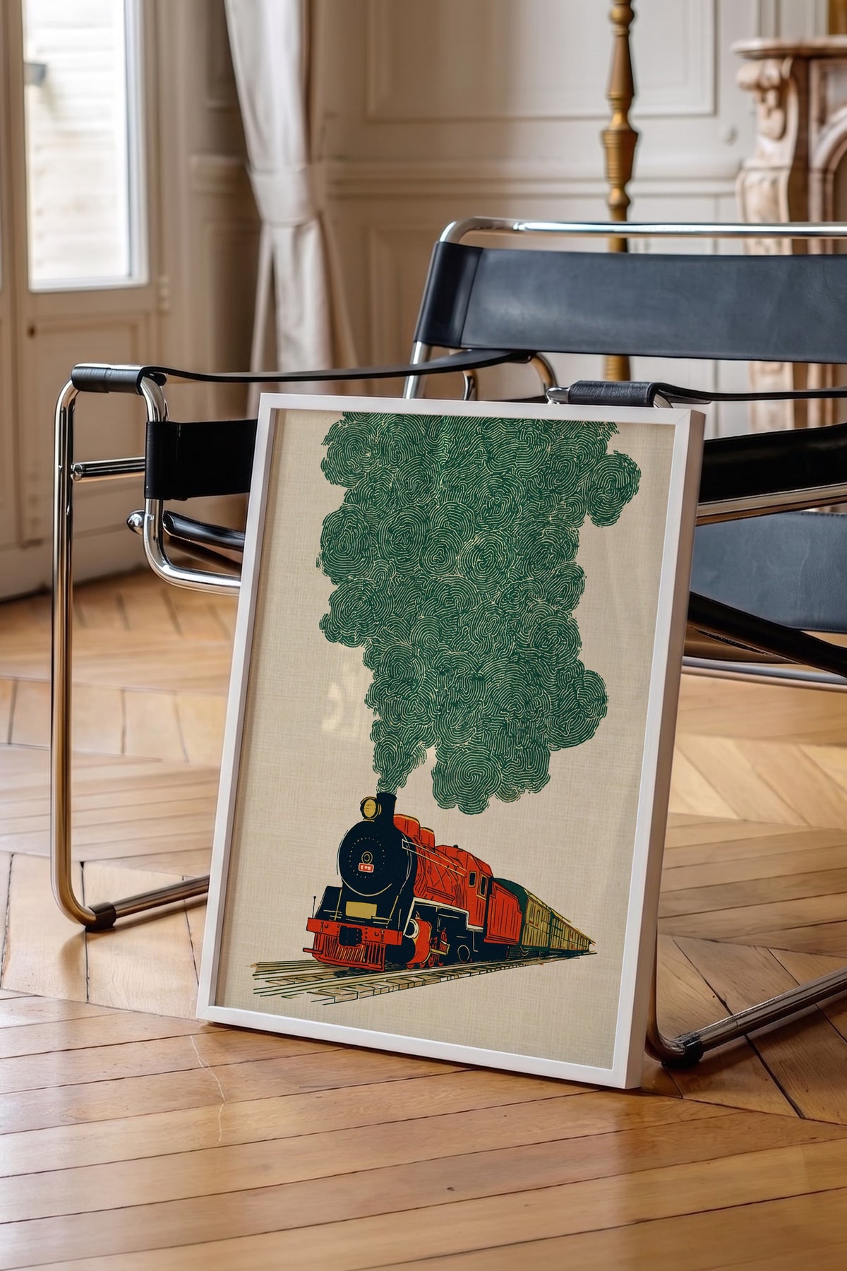 Buharlı Lokomotif ve Yeşil Duman Poster – Beyaz Çerçeveli Tablo