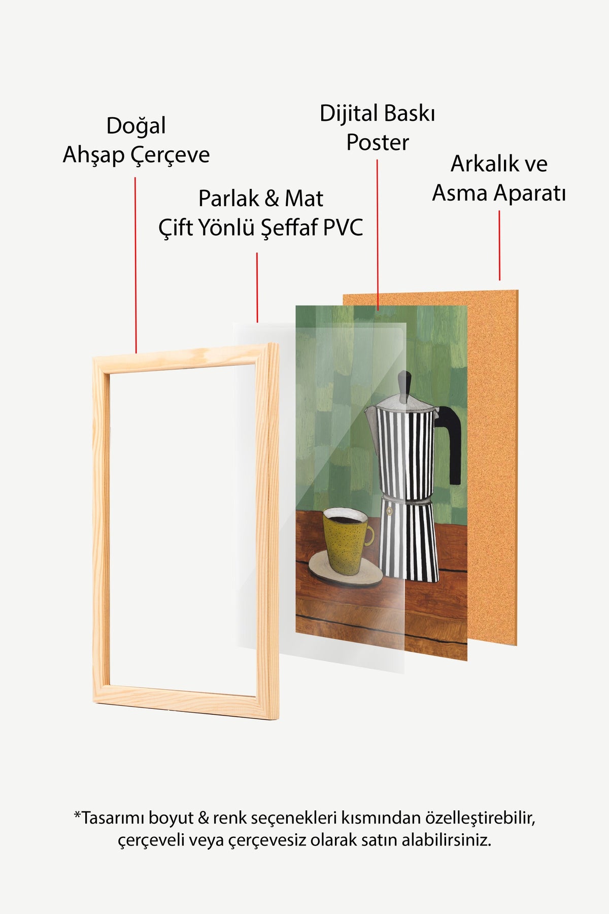 Çizgili Moka Cezve ve Kahve Fincanı Poster – Ahşap Çerçeveli Tablo