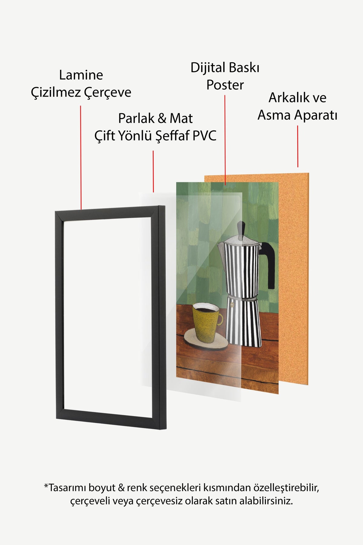 Çizgili Moka Cezve ve Kahve Fincanı Poster – Siyah Çerçeveli Tablo