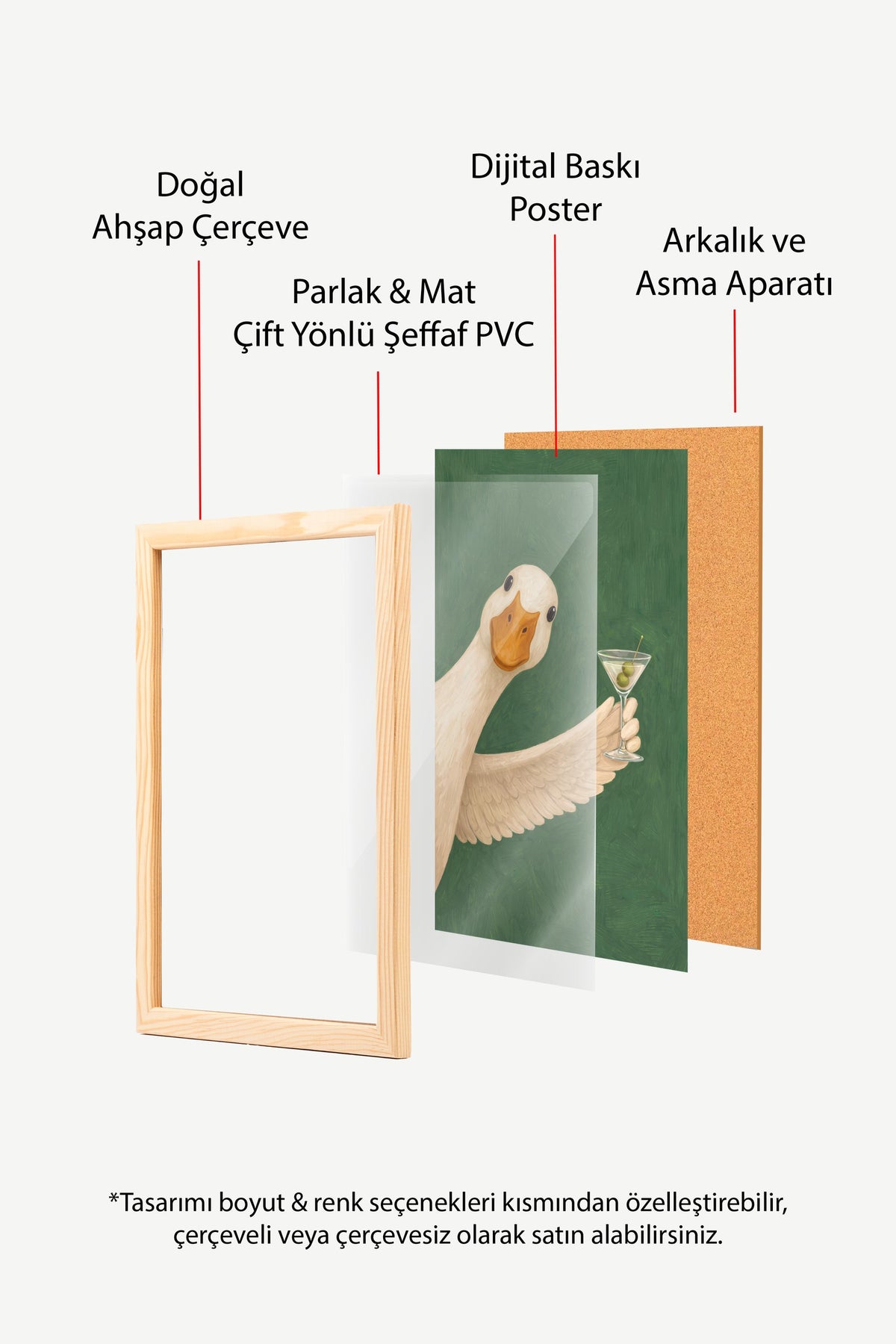Martini Kadehli Şık Ördek Poster – Ahşap Çerçeveli Tablo