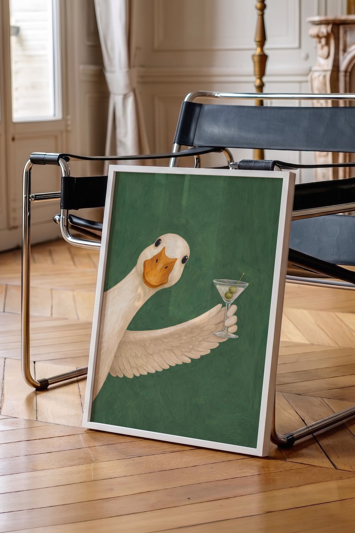 Martini Kadehli Şık Ördek Poster – Beyaz Çerçeveli Tablo