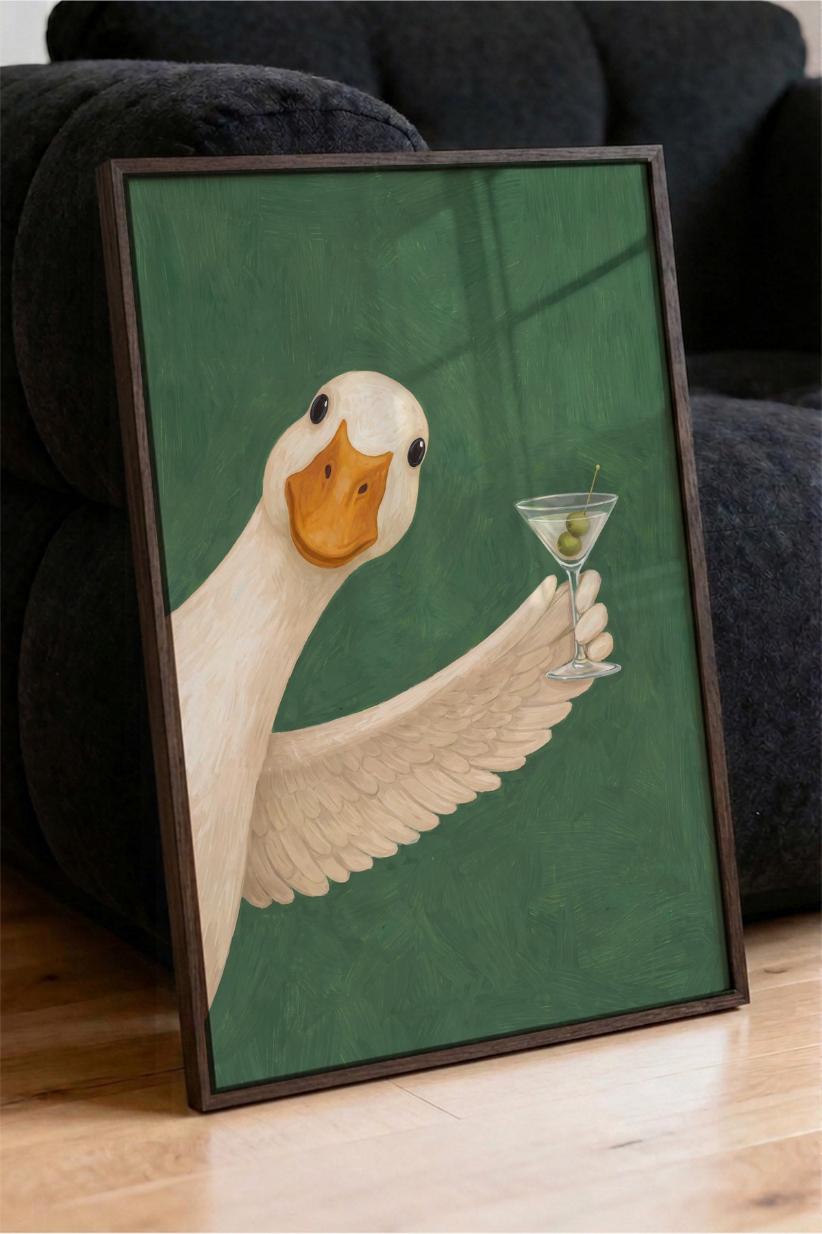 Martini Kadehli Şık Ördek Poster – Kahverengi Çerçeveli Tablo