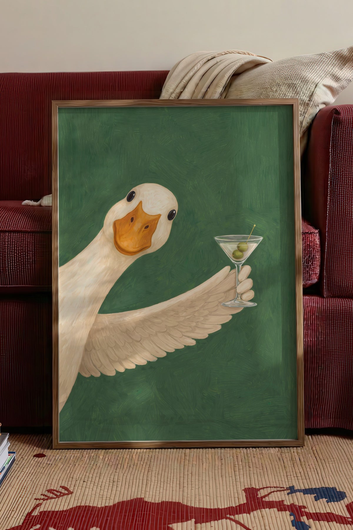 Martini Kadehli Şık Ördek Poster – Kahverengi Çerçeveli Tablo