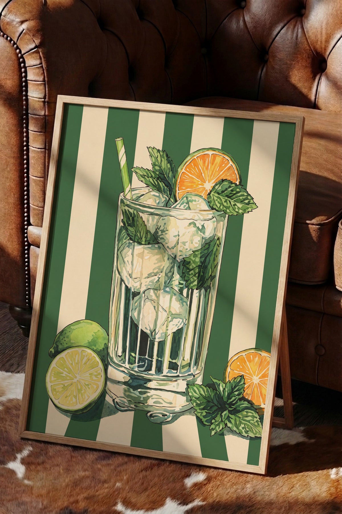 Nane Yapraklı Mojito İllüstrasyonu Poster – Ahşap Çerçeveli Tablo