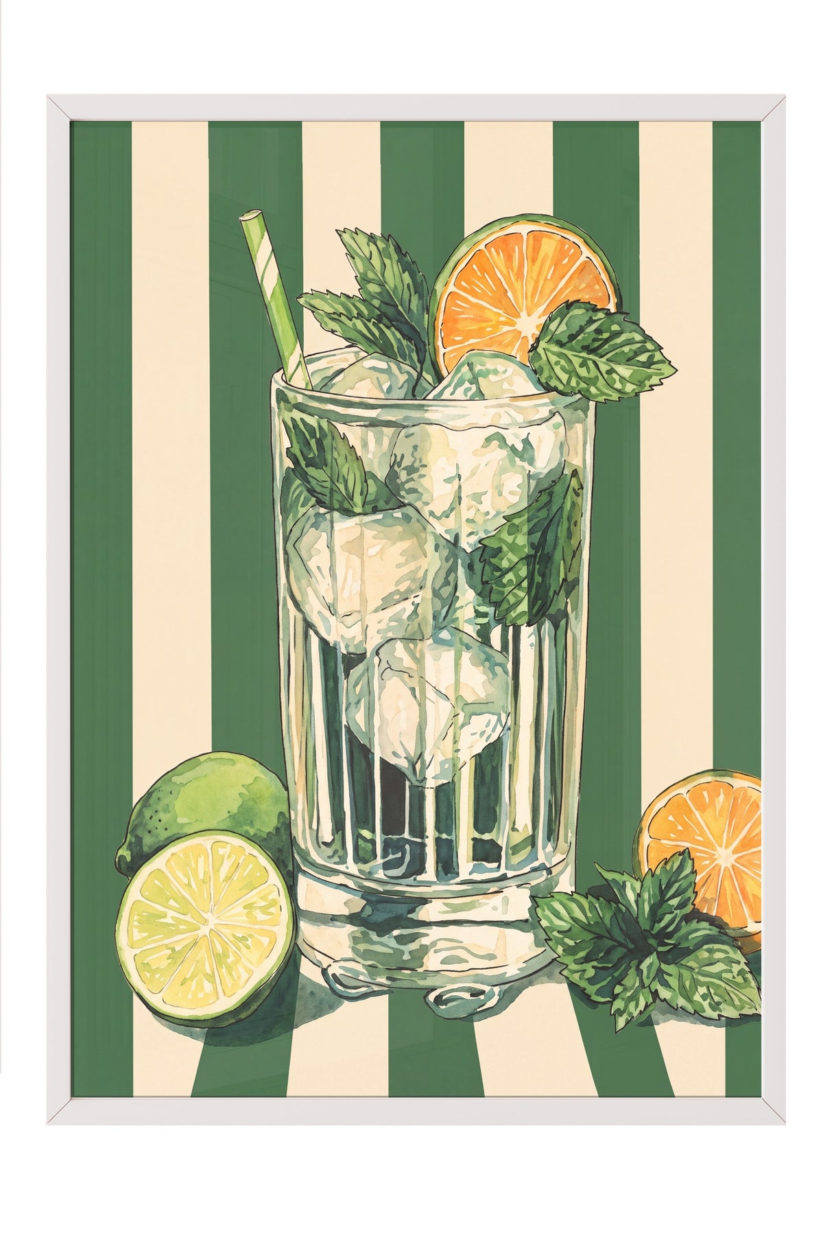 Nane Yapraklı Mojito İllüstrasyonu Poster – Beyaz Çerçeveli Tablo
