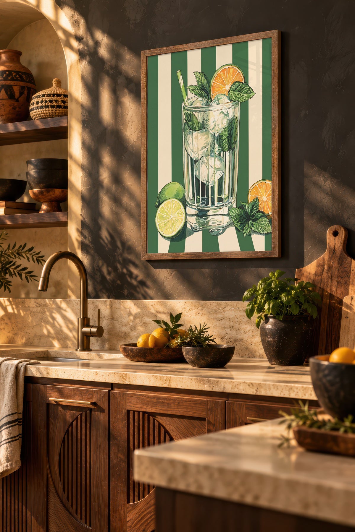 Nane Yapraklı Mojito İllüstrasyonu Poster – Kahverengi Çerçeveli Tablo