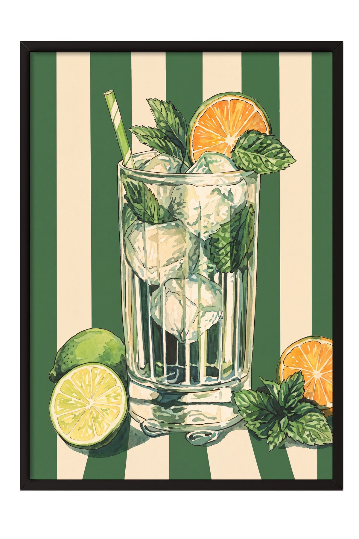 Nane Yapraklı Mojito İllüstrasyonu Poster – Siyah Çerçeveli Tablo