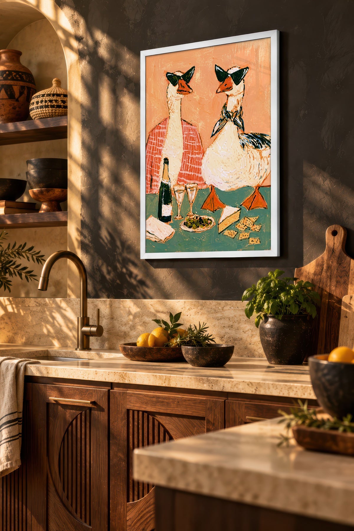 Şık Kazlar Şaraplı Kahvaltı Poster – Beyaz Çerçeveli Tablo