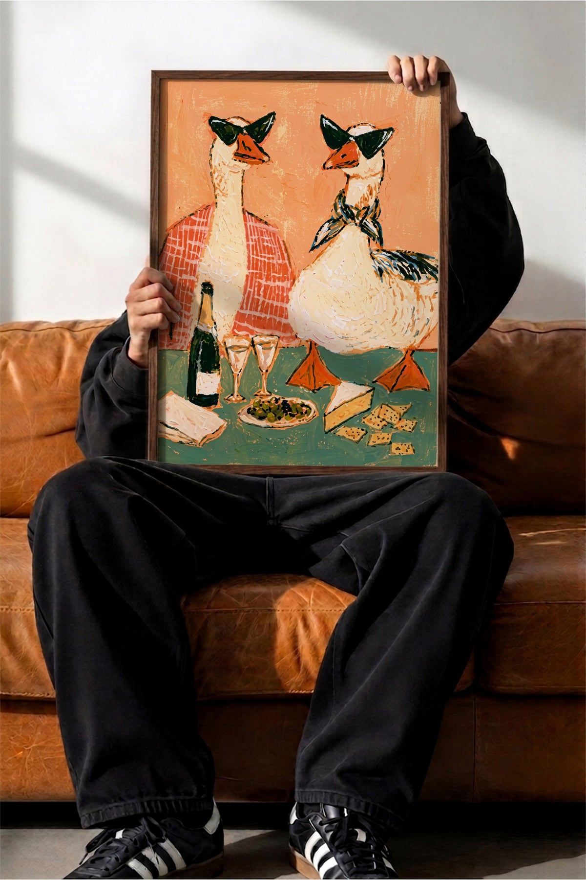 Şık Kazlar Şaraplı Kahvaltı Poster – Kahverengi Çerçeveli Tablo