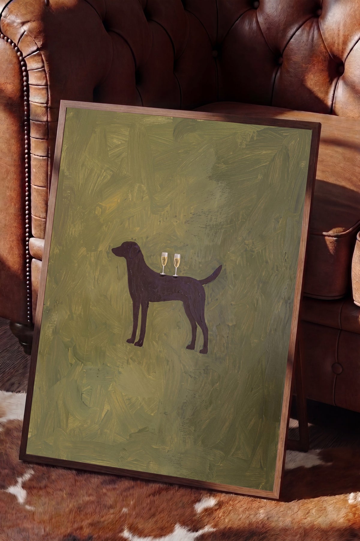 Kadeh Tutan Köpek Poster – Kahverengi Çerçeveli Tablo