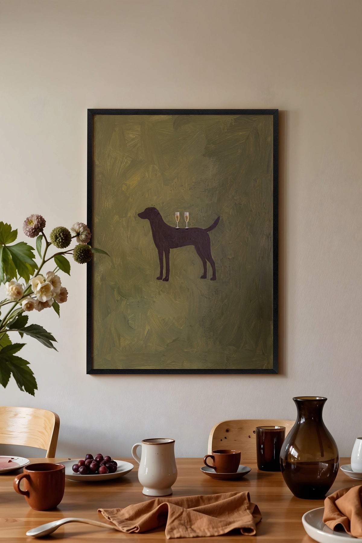 Kadeh Tutan Köpek Poster – Siyah Çerçeveli Tablo