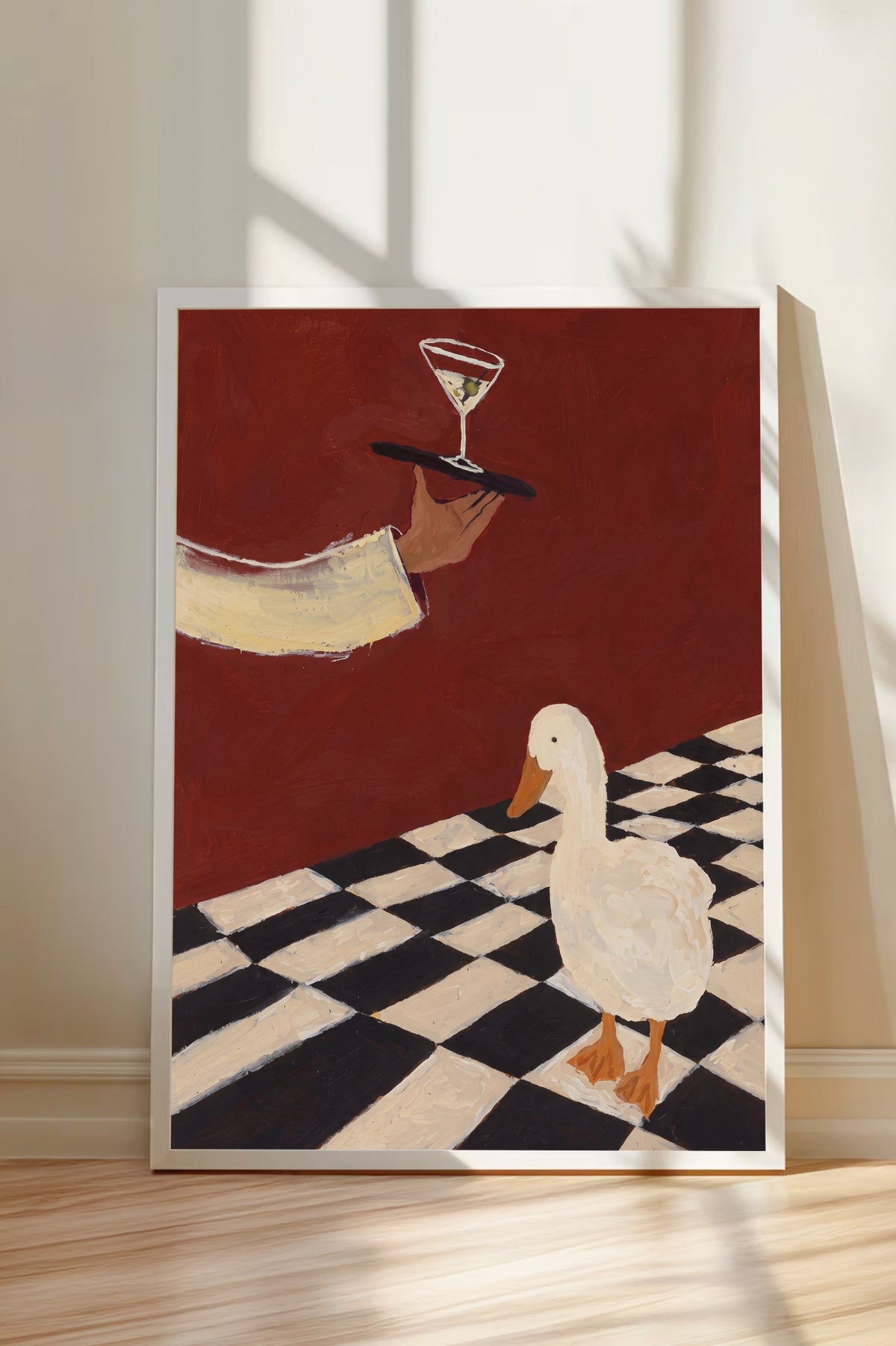 Zarif Ördeğe Martini İkramı Poster – Beyaz Çerçeveli Tablo
