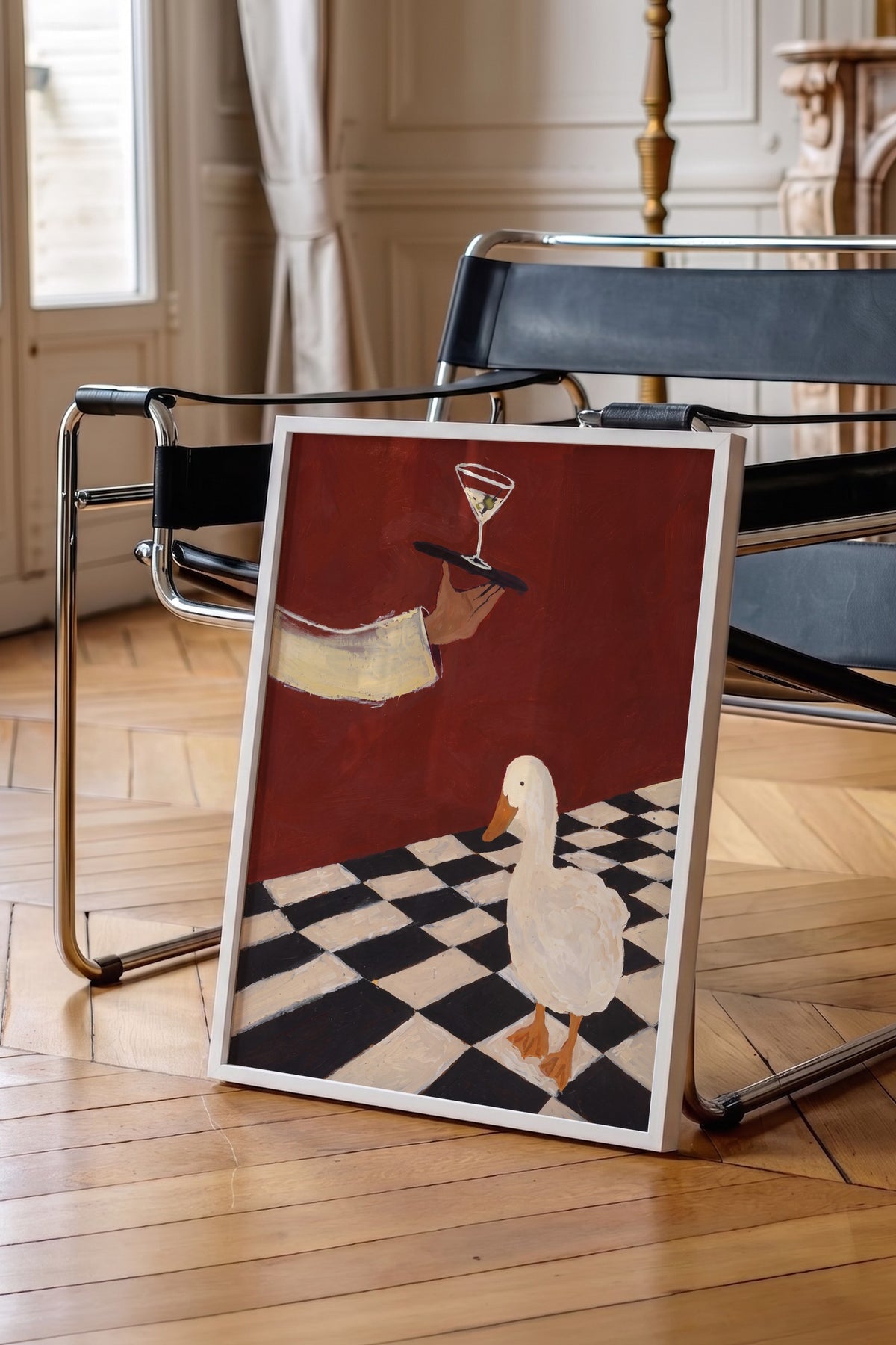 Zarif Ördeğe Martini İkramı Poster – Beyaz Çerçeveli Tablo