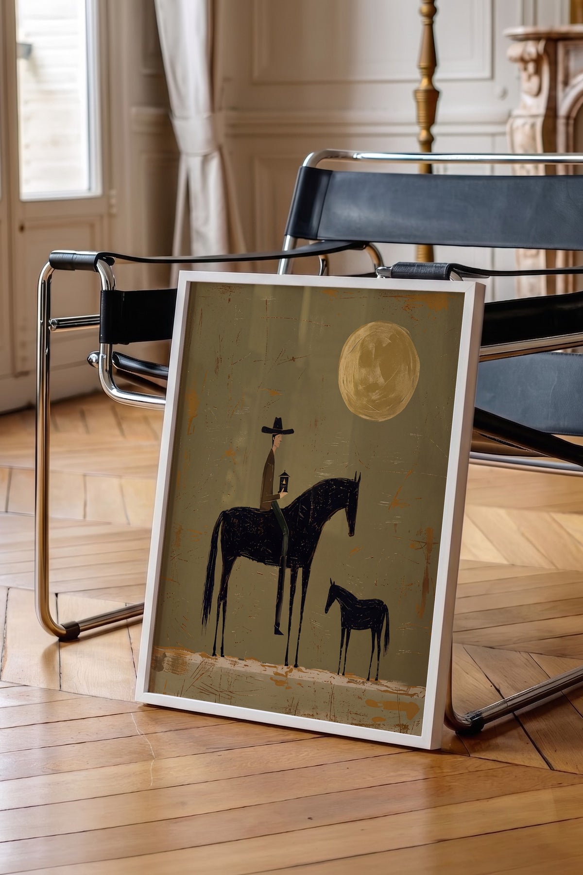 Ay Işığında Atlı Figür Poster – Beyaz Çerçeveli Tablo