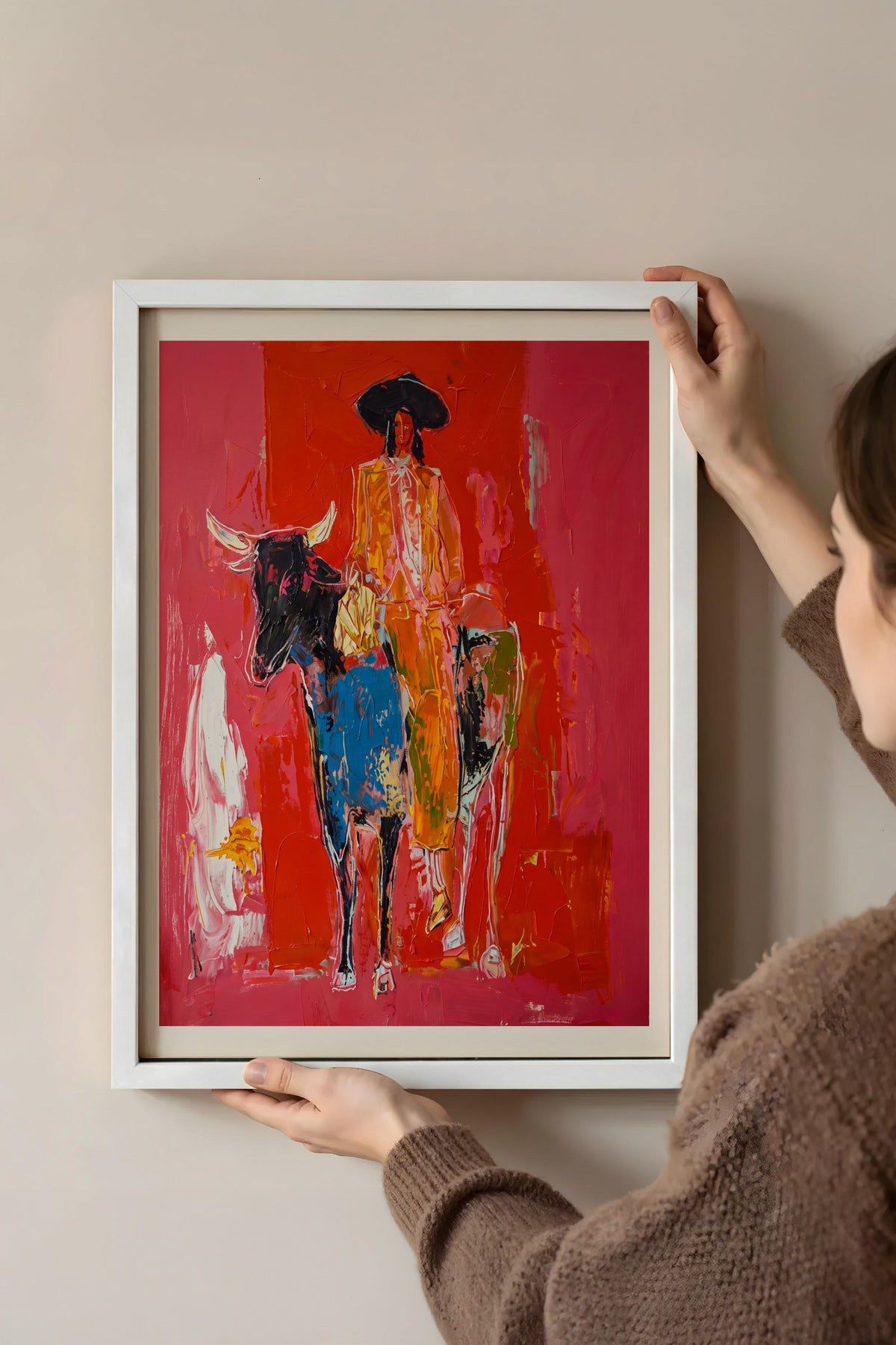 Kırmızı Zeminde Atlı Figür Poster – Beyaz Çerçeveli Tablo