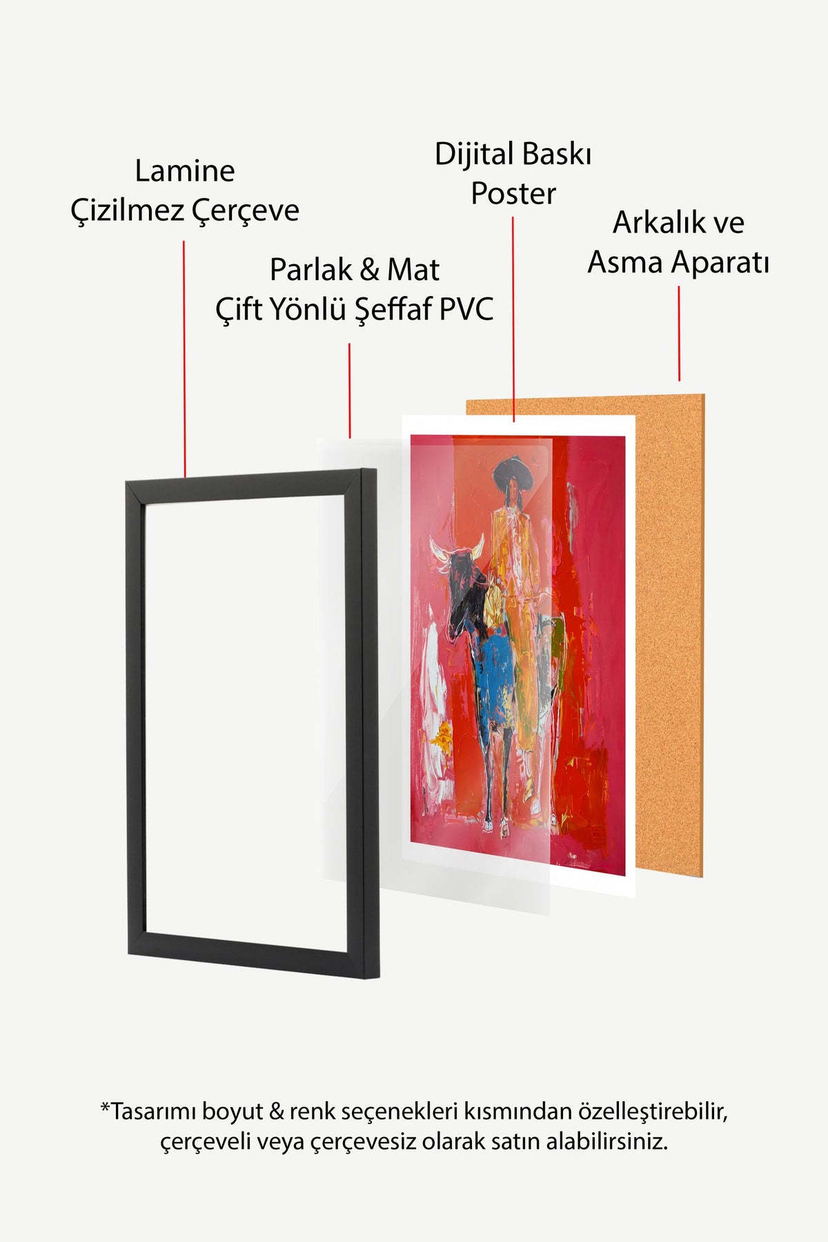 Kırmızı Zeminde Atlı Figür Poster – Siyah Çerçeveli Tablo