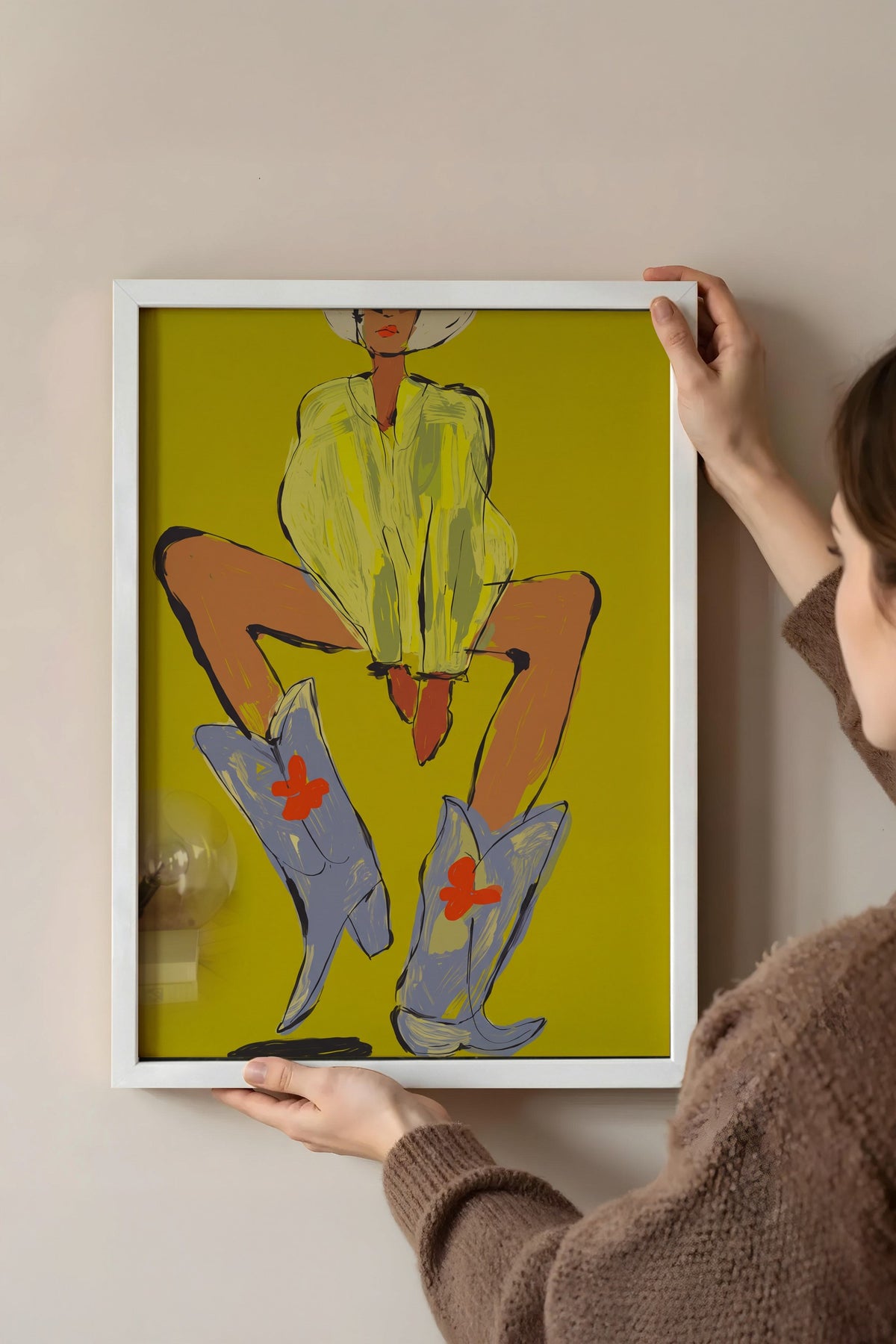 Kovboy Çizmeli Kadın İllüstrasyonu Poster – Beyaz Çerçeveli Tablo