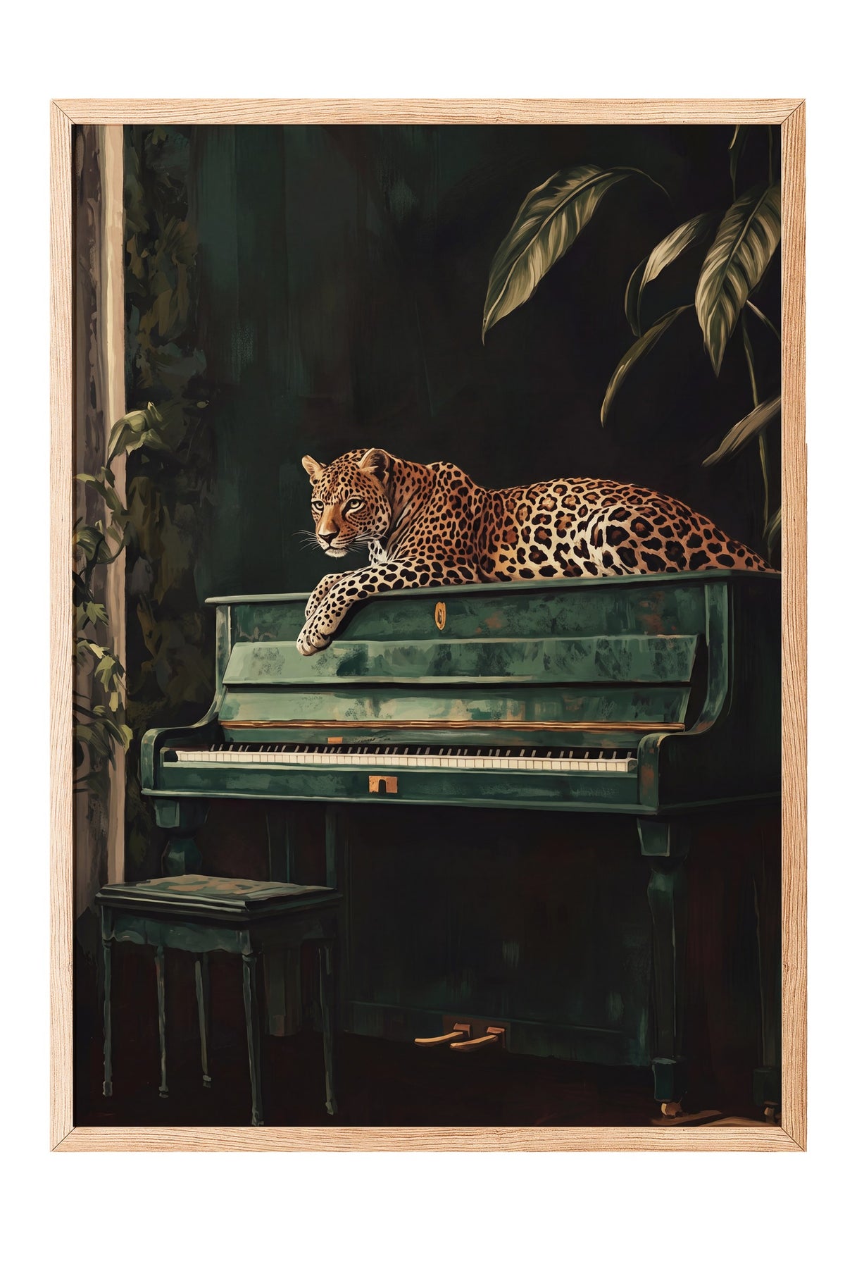 Piyanoda Uzanan Leopar Poster – Ahşap Çerçeveli Tablo