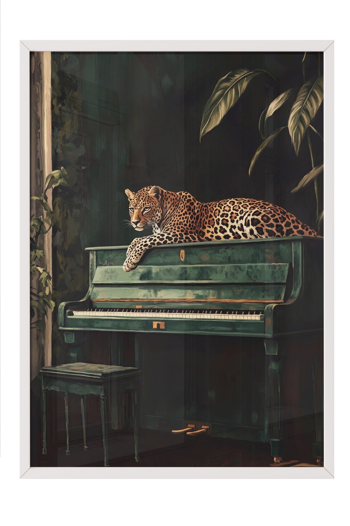 Piyanoda Uzanan Leopar Poster – Beyaz Çerçeveli Tablo