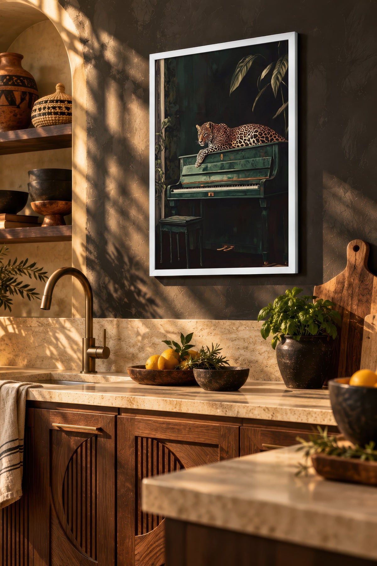 Piyanoda Uzanan Leopar Poster – Beyaz Çerçeveli Tablo
