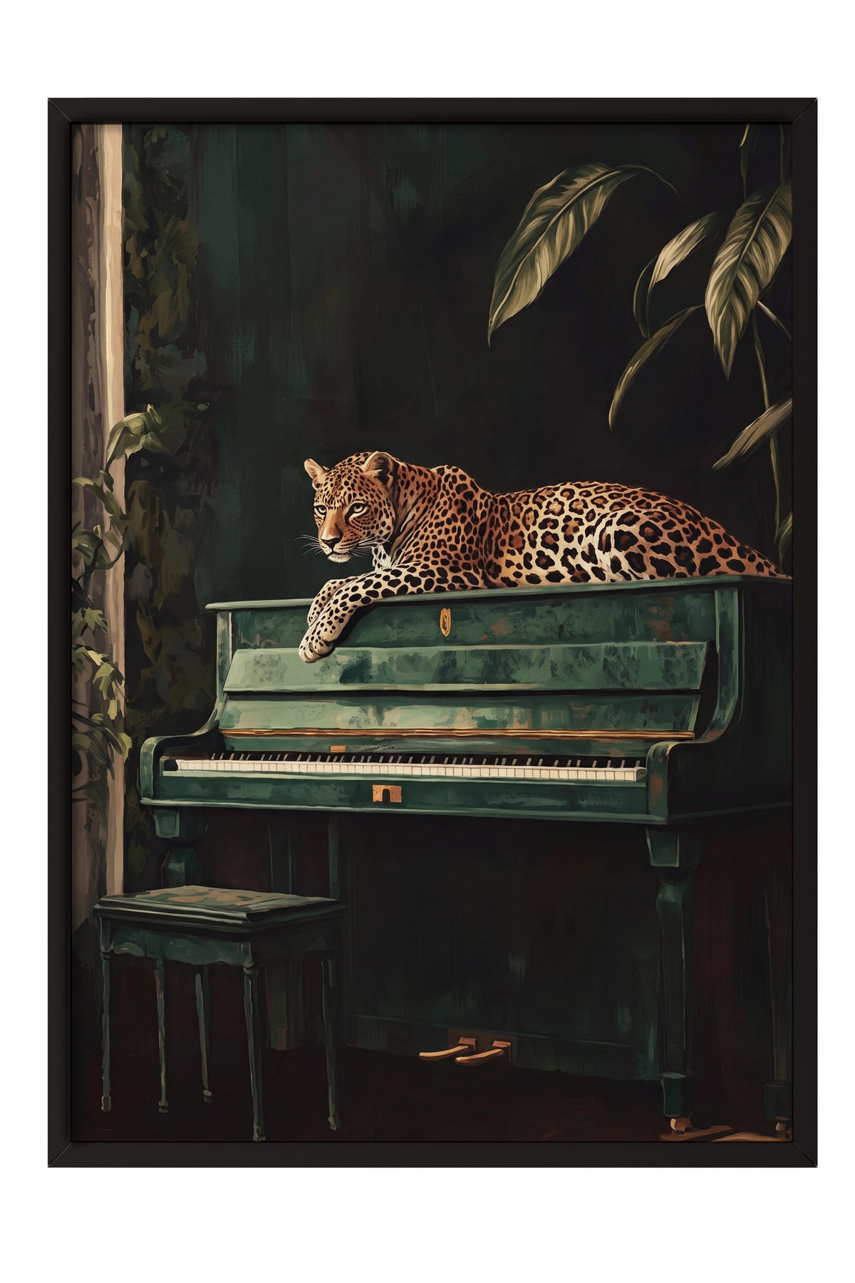 Piyanoda Uzanan Leopar Poster – Siyah Çerçeveli Tablo