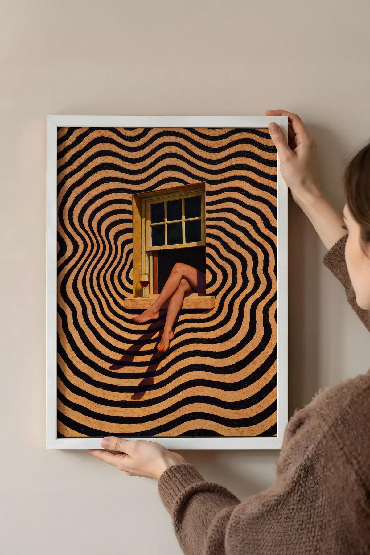 Pencerede Bacaklar ve Şarap Poster – Beyaz Çerçeveli Tablo