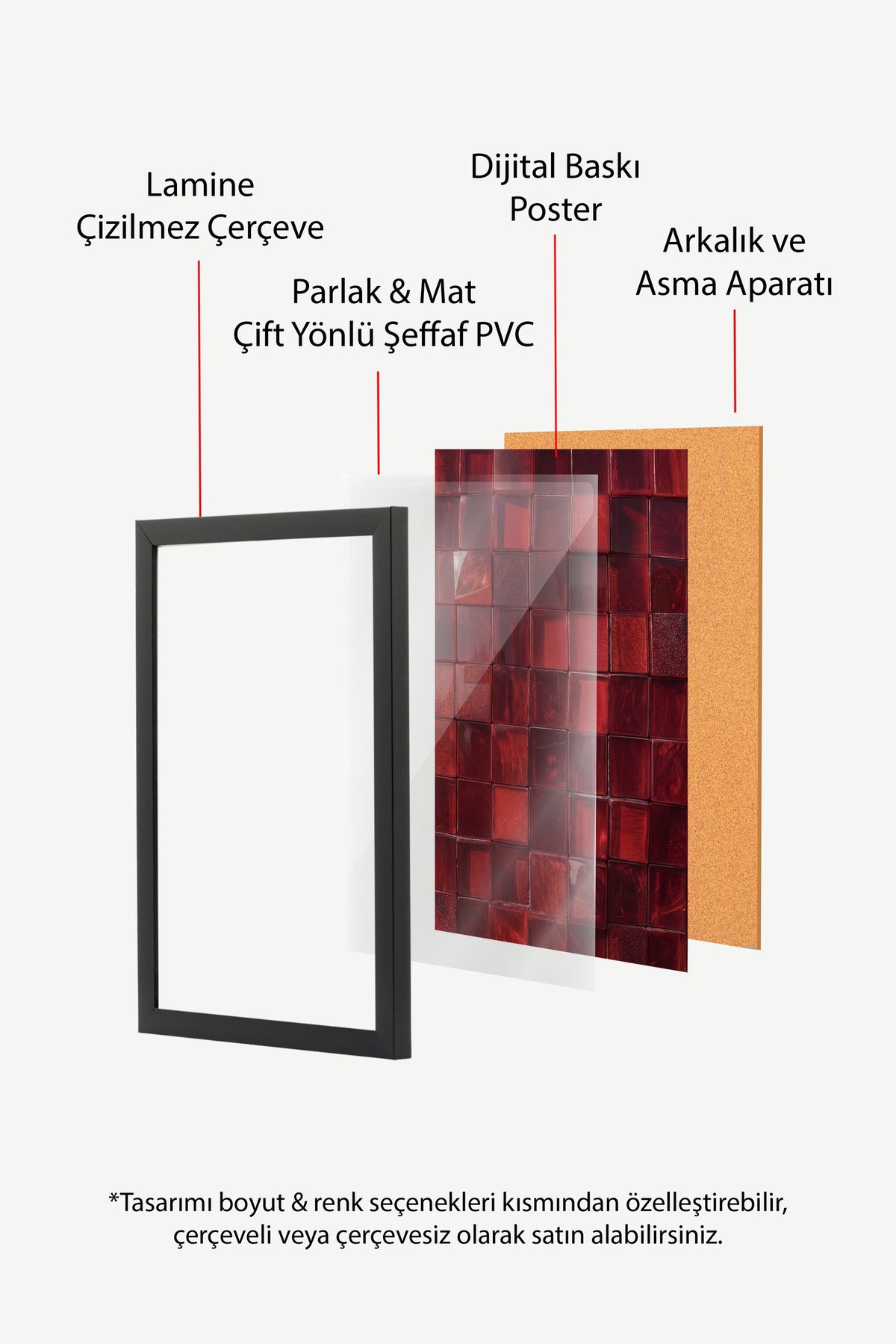 Kırmızı Cam Mozaik Desen Poster – Siyah Çerçeveli Tablo