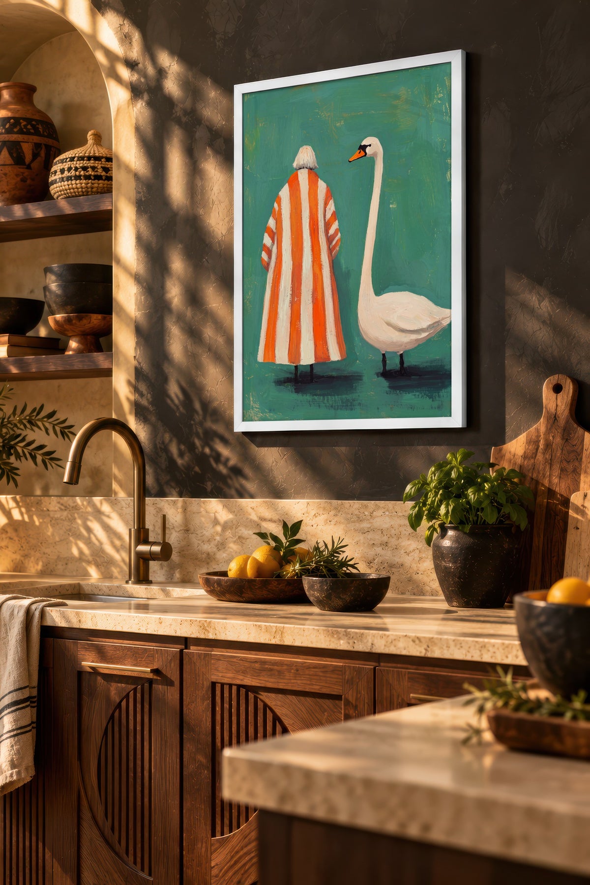 Kuğu ile Çizgili Pelerinli Figür Poster – Beyaz Çerçeveli Tablo