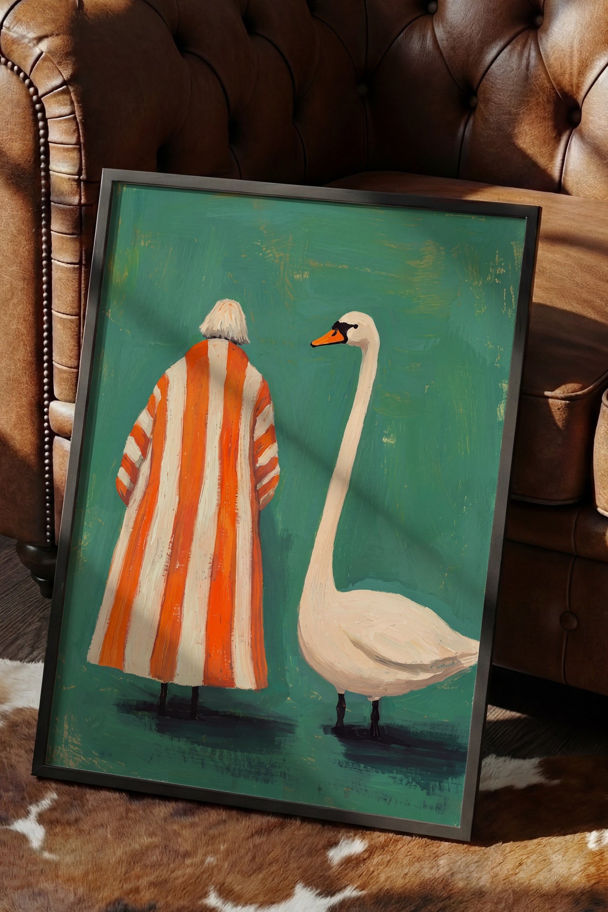 Kuğu ile Çizgili Pelerinli Figür Poster – Siyah Çerçeveli Tablo