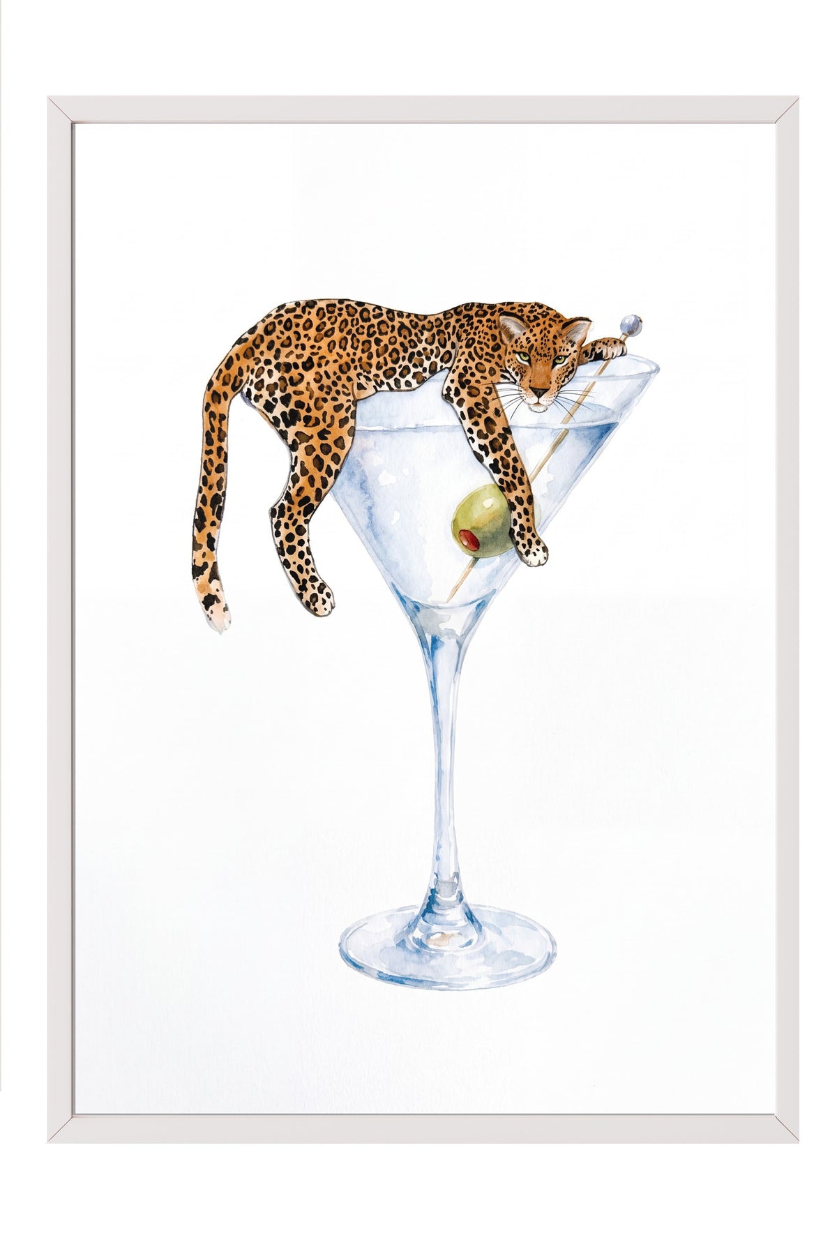 Martini Kadehinde Leopar Poster – Beyaz Çerçeveli Tablo