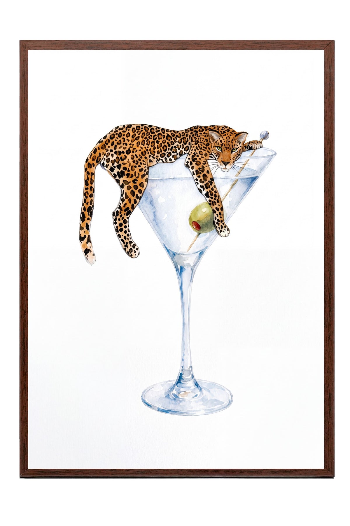 Martini Kadehinde Leopar Poster – Kahverengi Çerçeveli Tablo