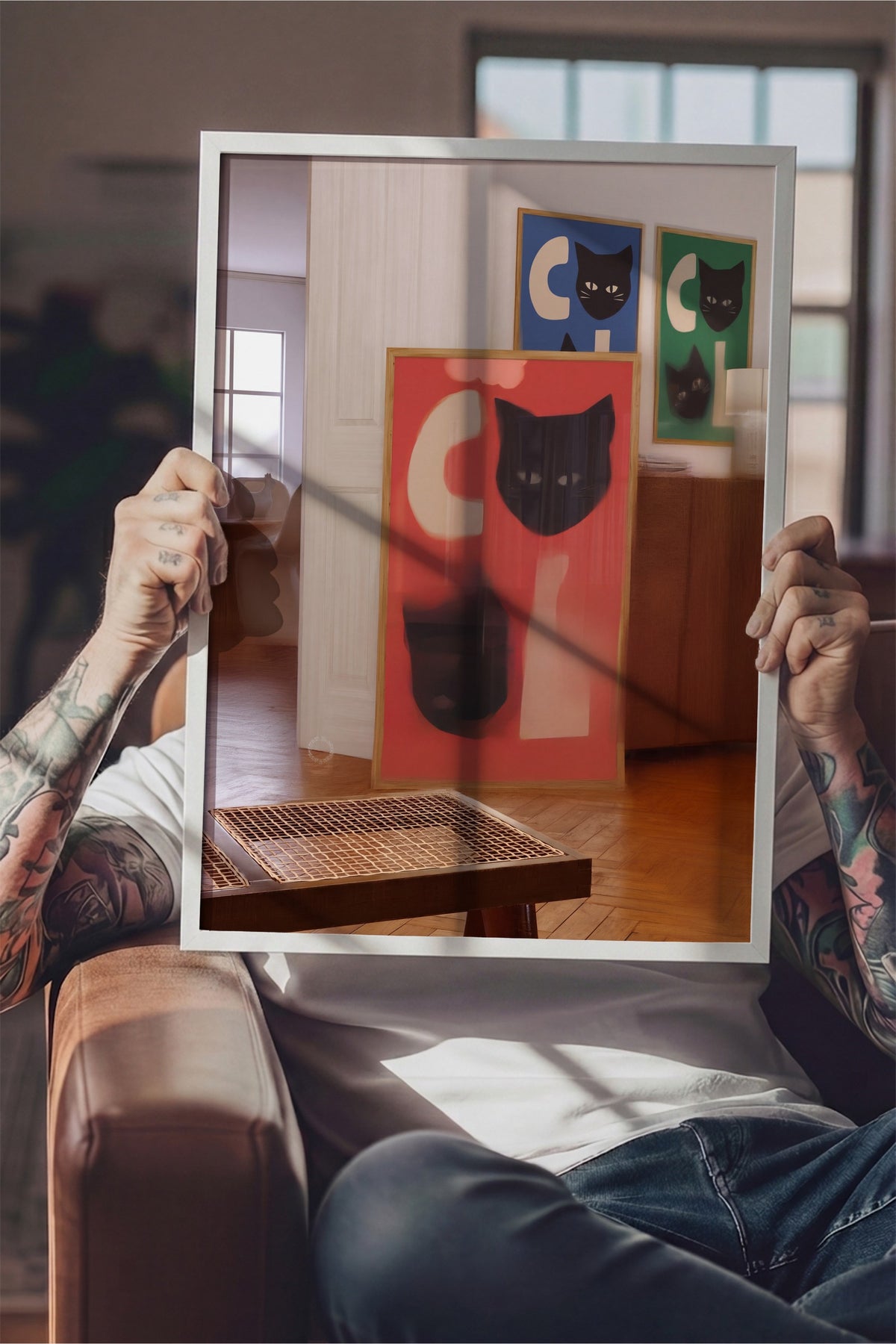 Kedi Yüzlü Soyut Kompozisyon Poster – Beyaz Çerçeveli Tablo