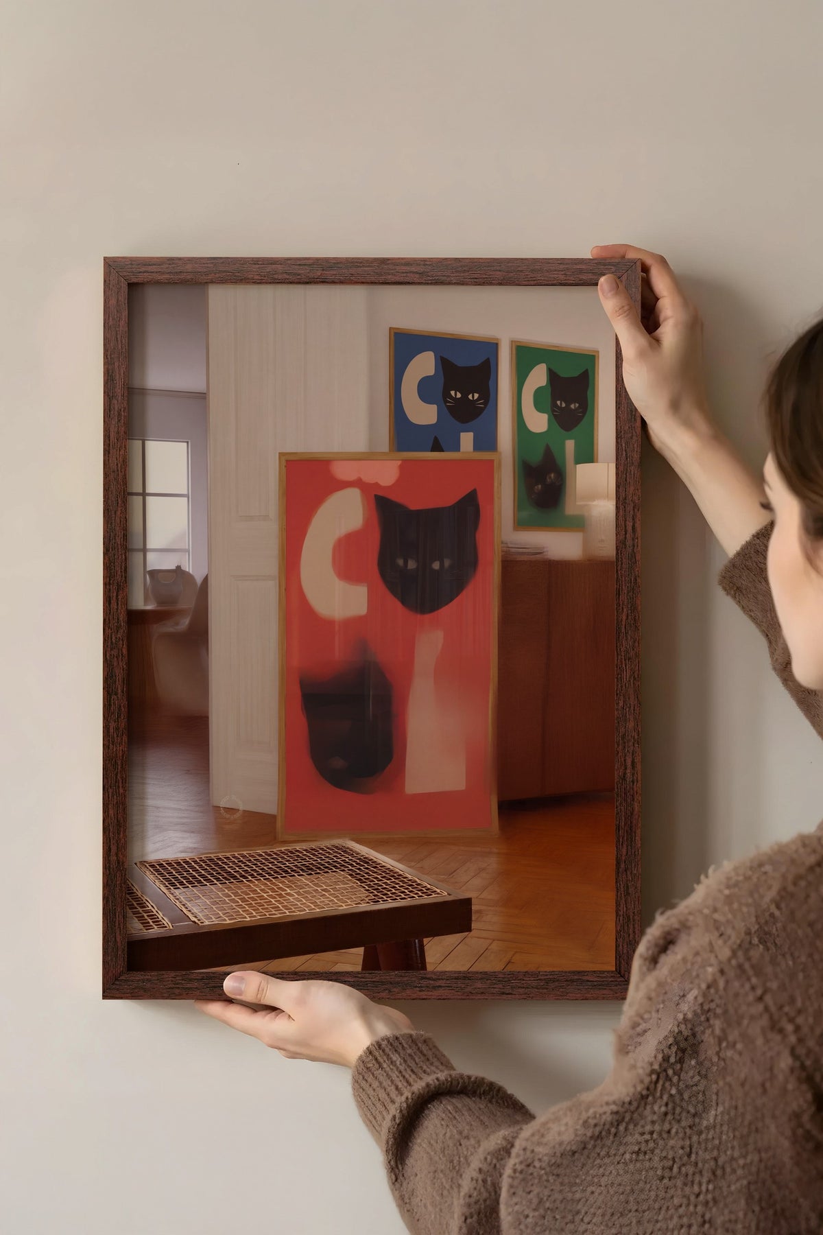 Kedi Yüzlü Soyut Kompozisyon Poster – Kahverengi Çerçeveli Tablo