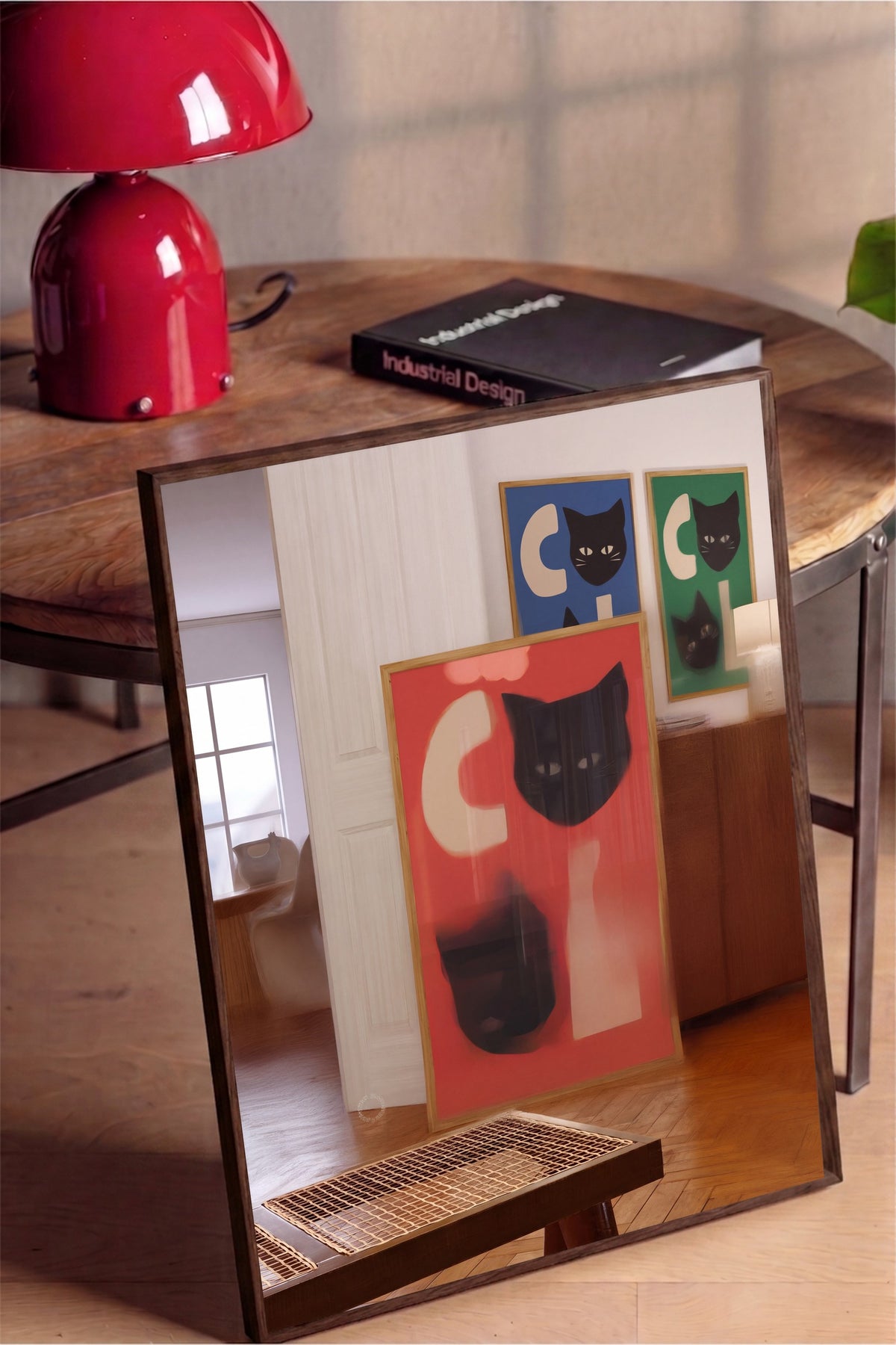 Kedi Yüzlü Soyut Kompozisyon Poster – Kahverengi Çerçeveli Tablo