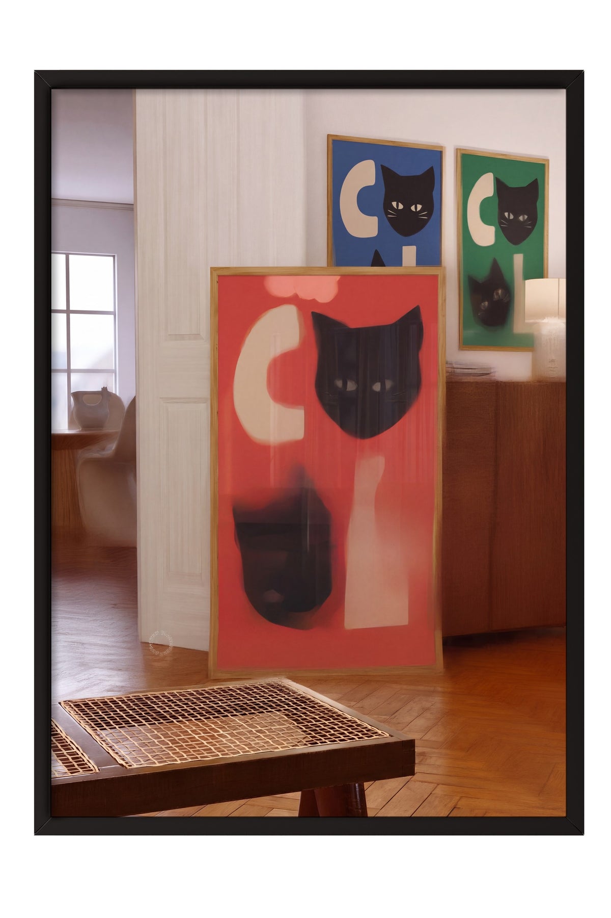 Kedi Yüzlü Soyut Kompozisyon Poster – Siyah Çerçeveli Tablo