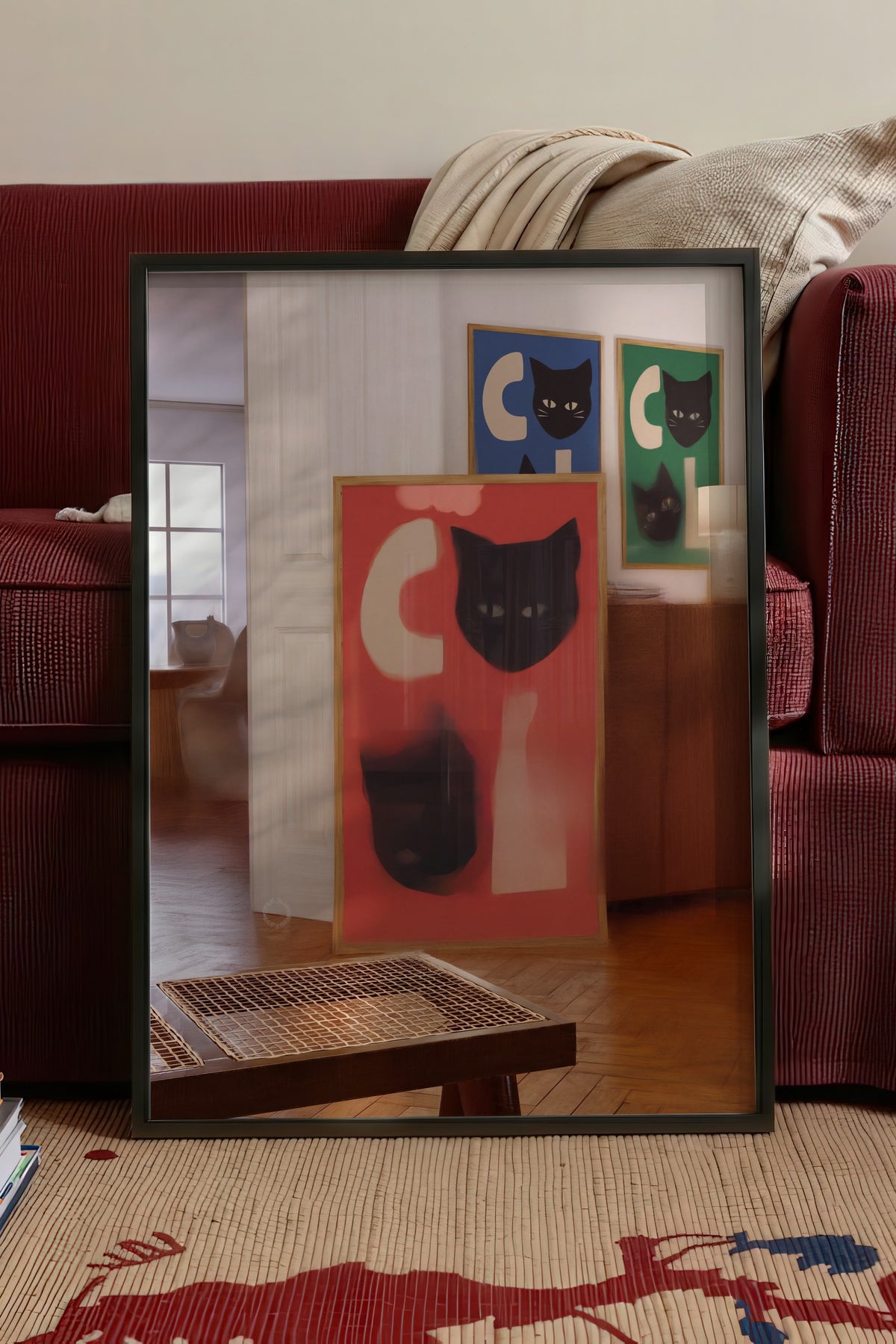 Kedi Yüzlü Soyut Kompozisyon Poster – Siyah Çerçeveli Tablo