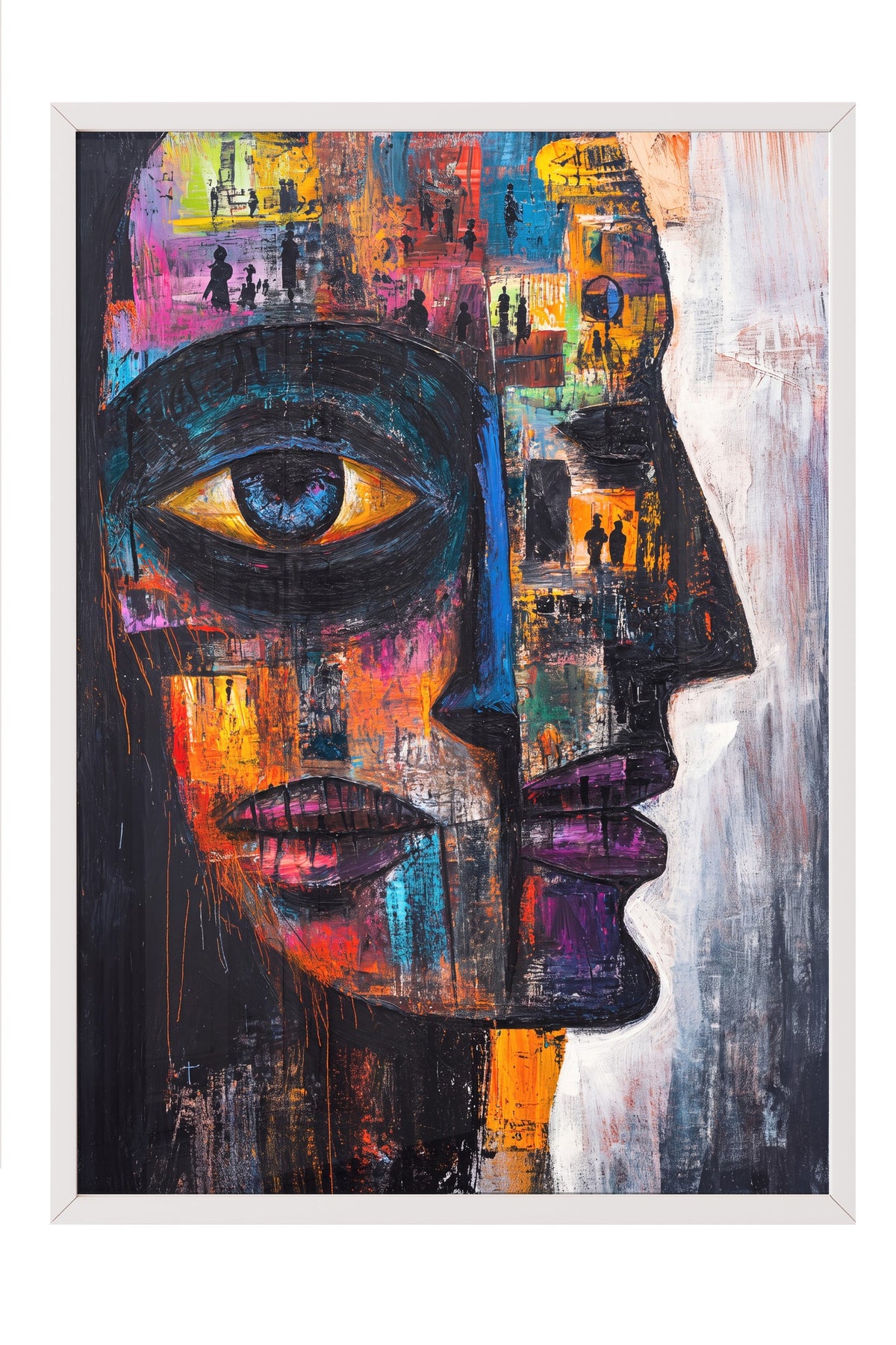 Renkli Yüz Portresi Soyut Sanat Poster – Beyaz Çerçeveli Tablo