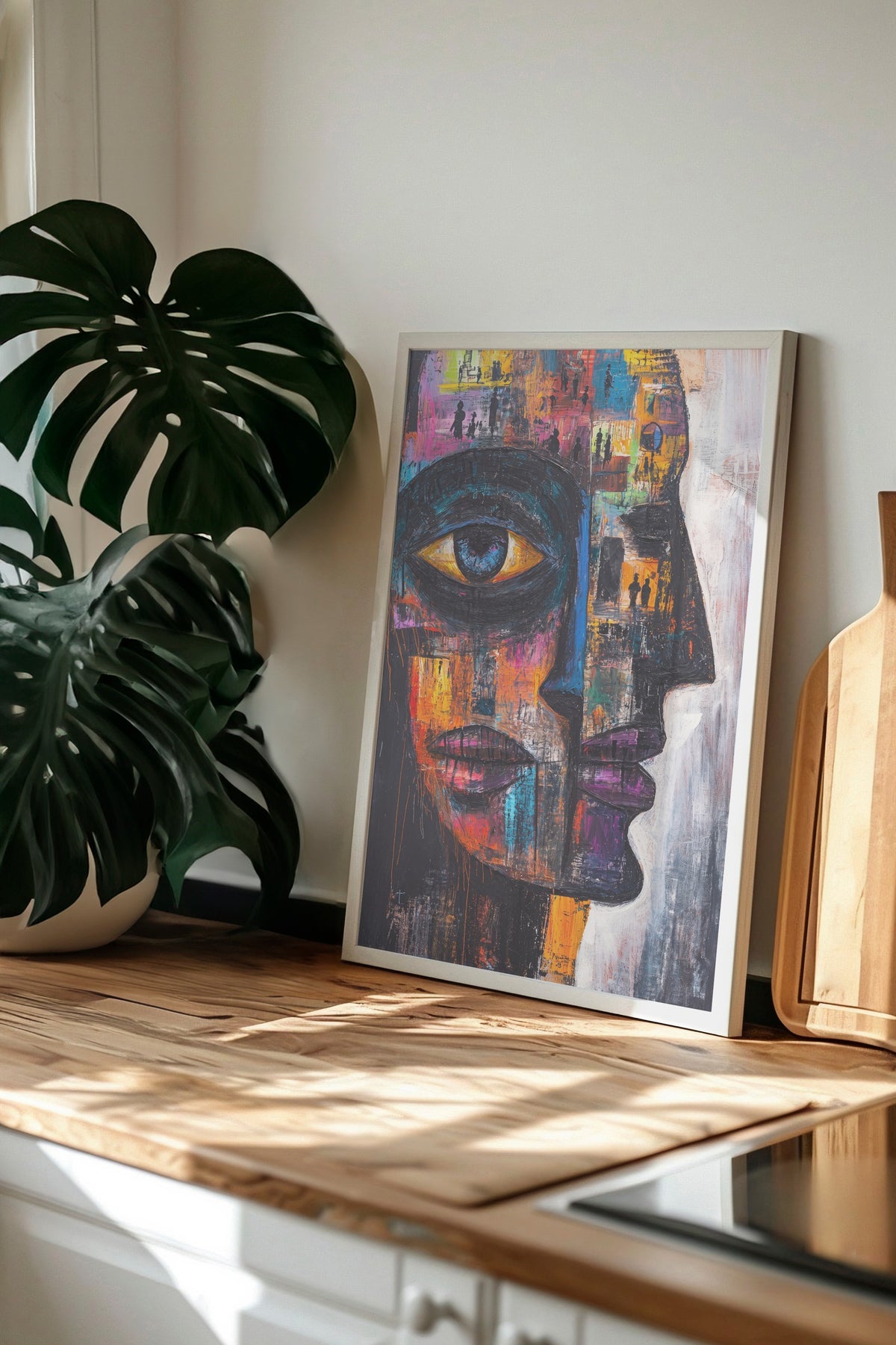Renkli Yüz Portresi Soyut Sanat Poster – Beyaz Çerçeveli Tablo